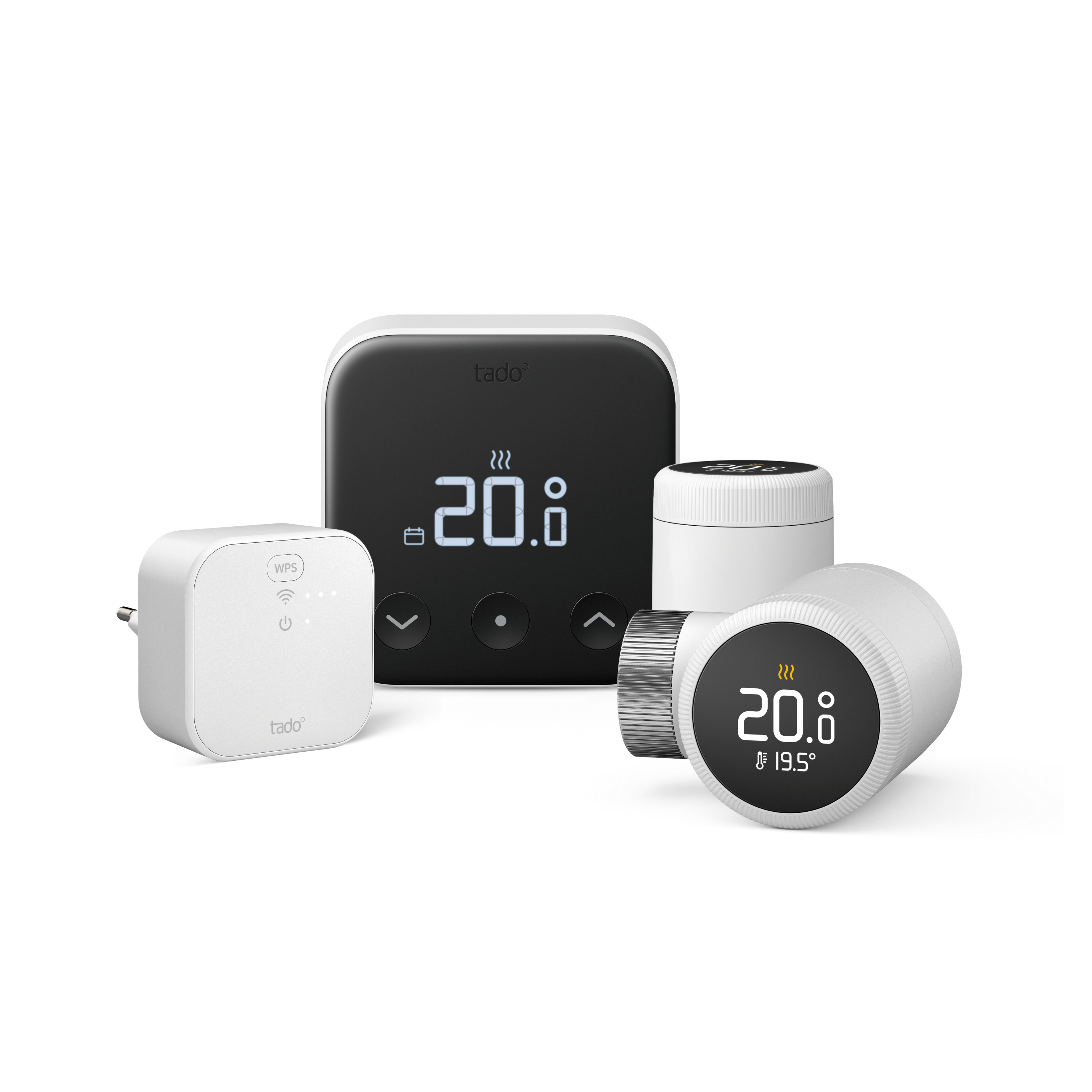 Ein intelligentes Thermostat-System. Enthält einen Hub, ein Thermostat und ein Heizkörperventil.