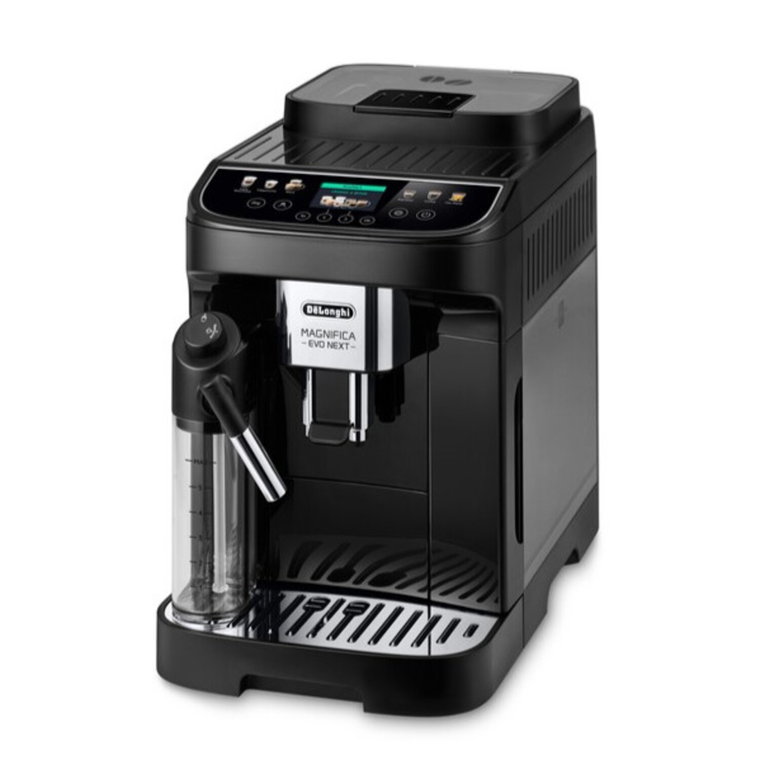 Black coffee machine with a water container and display. Silver accents, clear water tank.