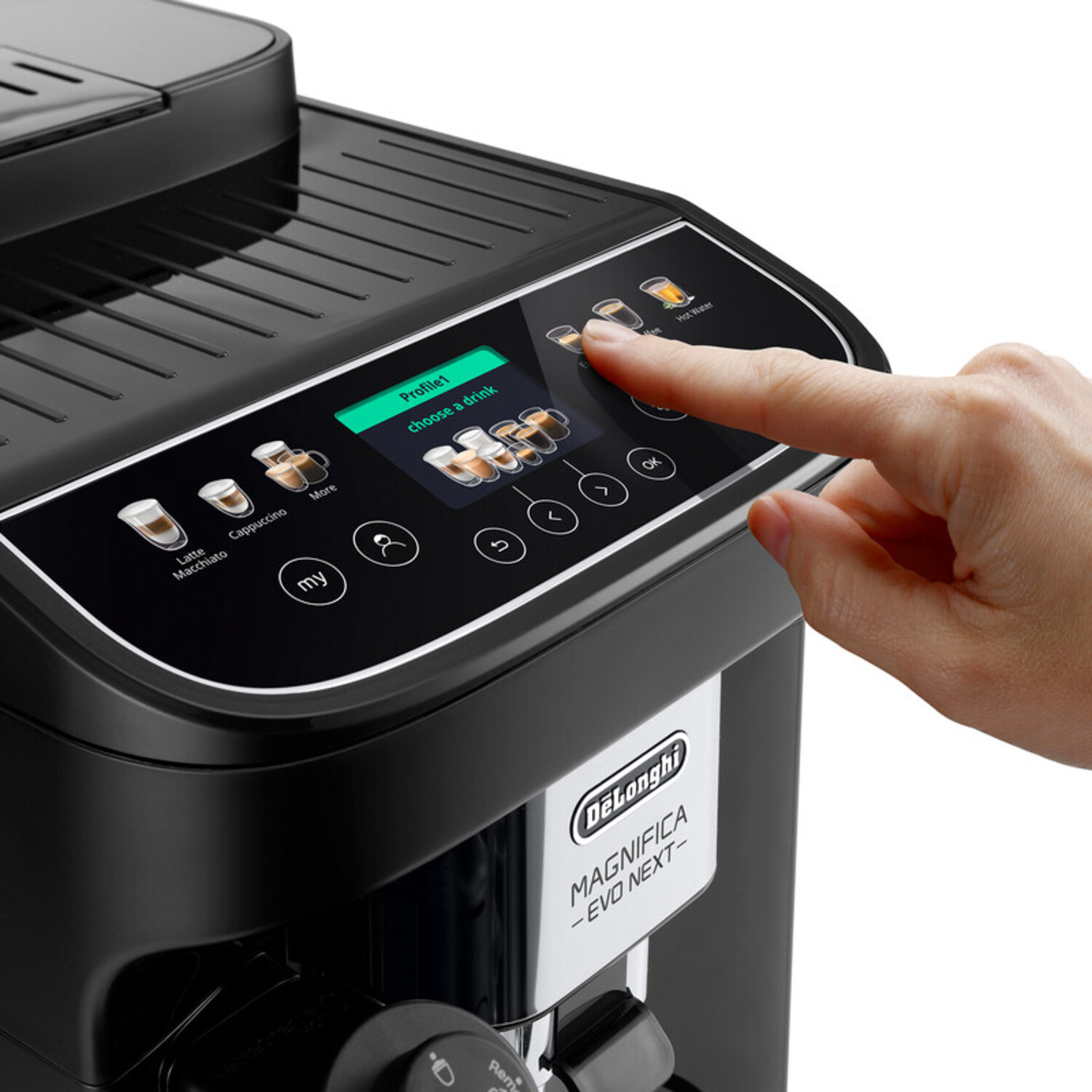 Black coffee machine with touchscreen and a hand touching the screen.