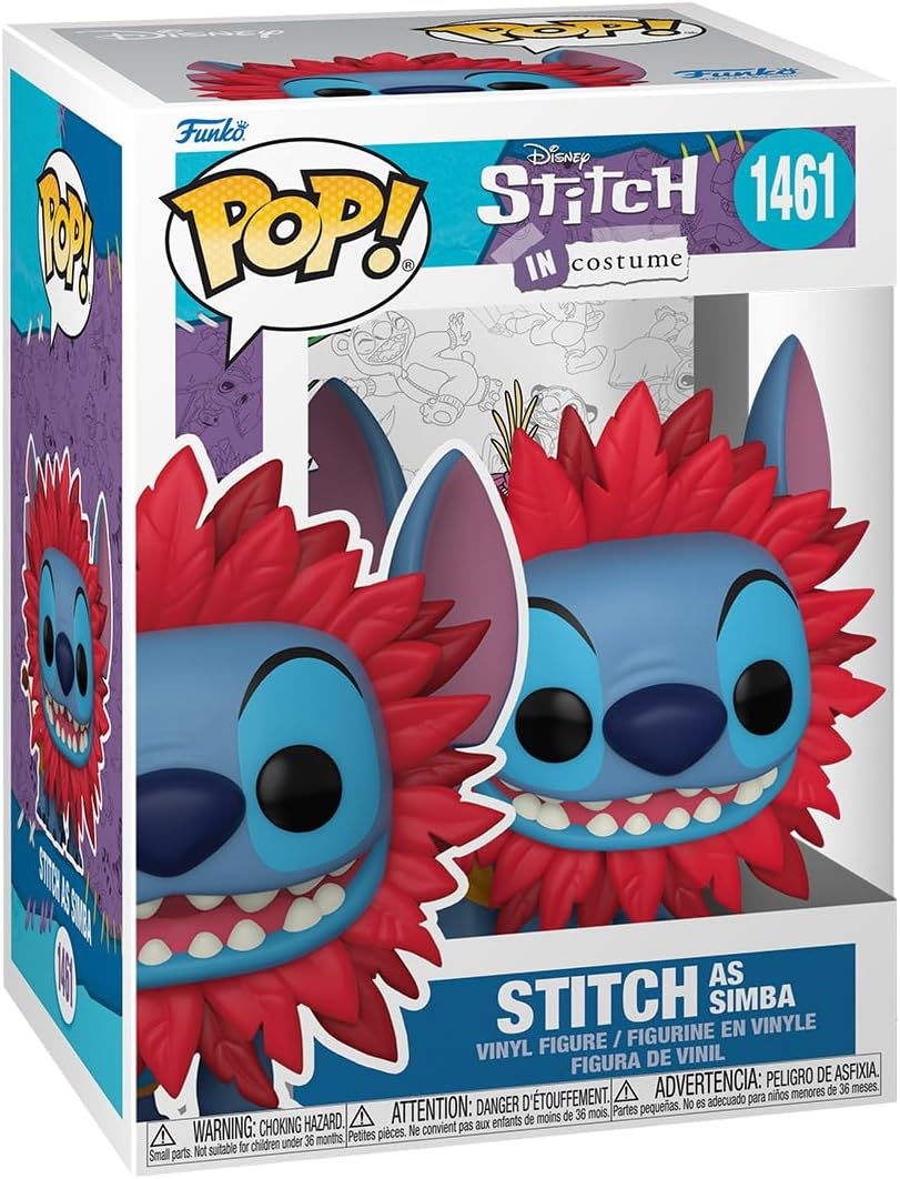 Figura Funko Pop de Stitch con disfraz de Simba, en una caja con gráficos coloridos.