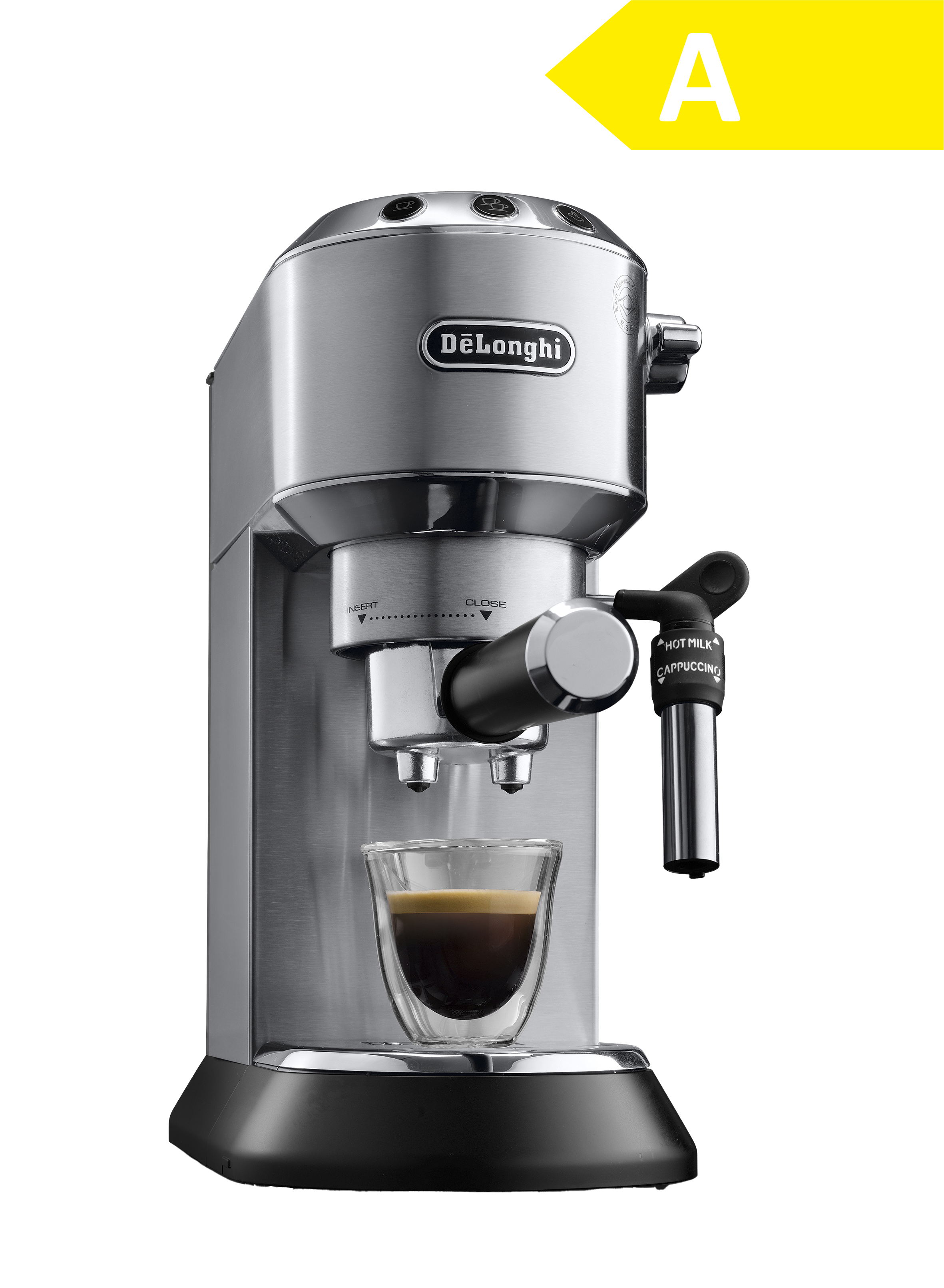 Una macchina per espresso De'Longhi argentata con una tazza di vetro che si riempie di caffè.