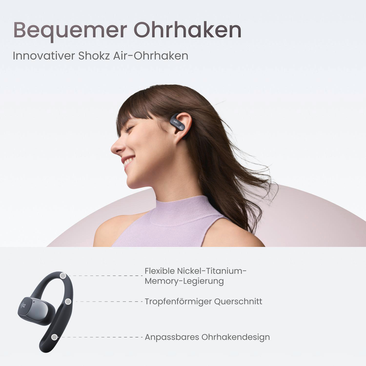 Eine Frau trägt kabellose Ohrbügel. Das Bild wirbt für das Produkt mit Text zur Beschreibung seiner Funktionen und Vorteile.