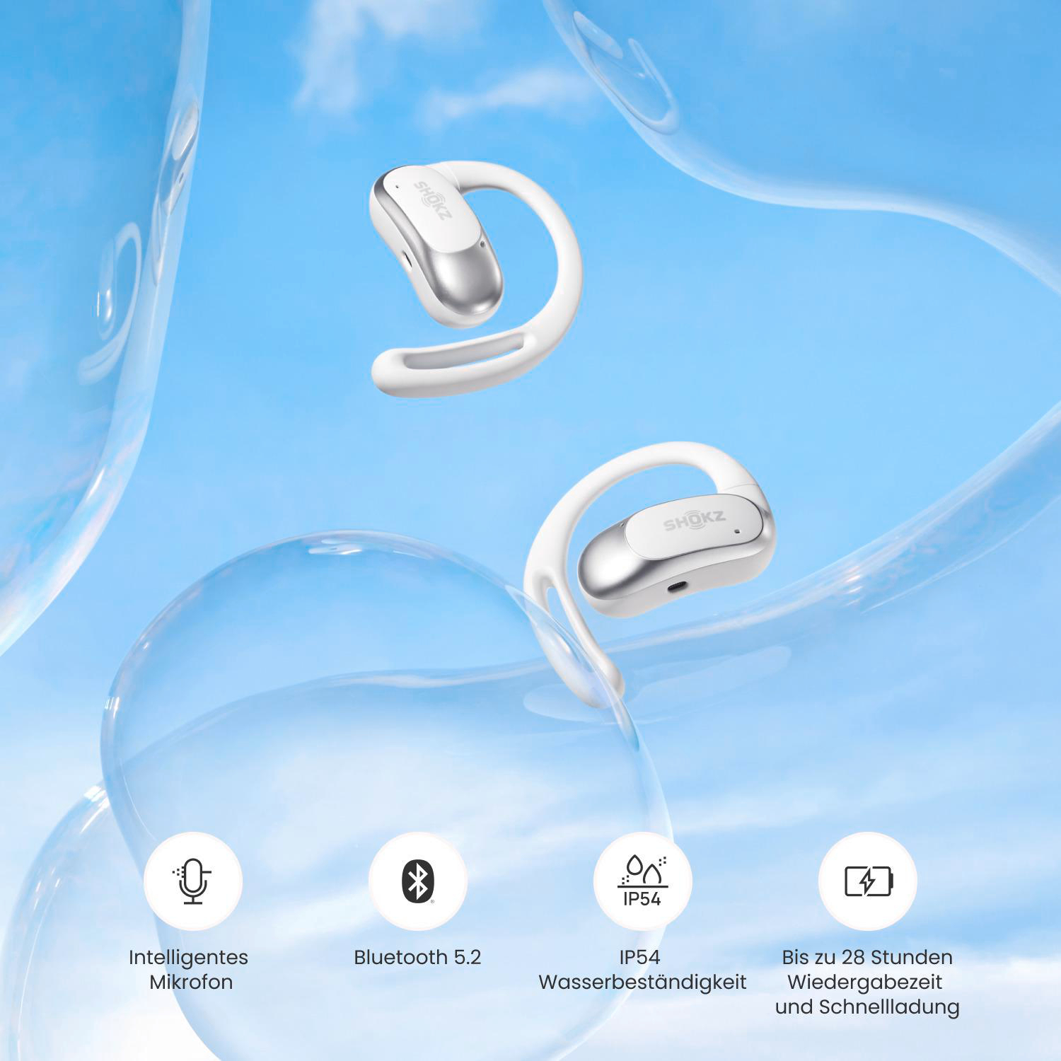Zwei weiße und silberne Shokz-Kopfhörer schweben vor einem blauen, wasserartigen Hintergrund mit Funktionssymbolen und deutschem Text.