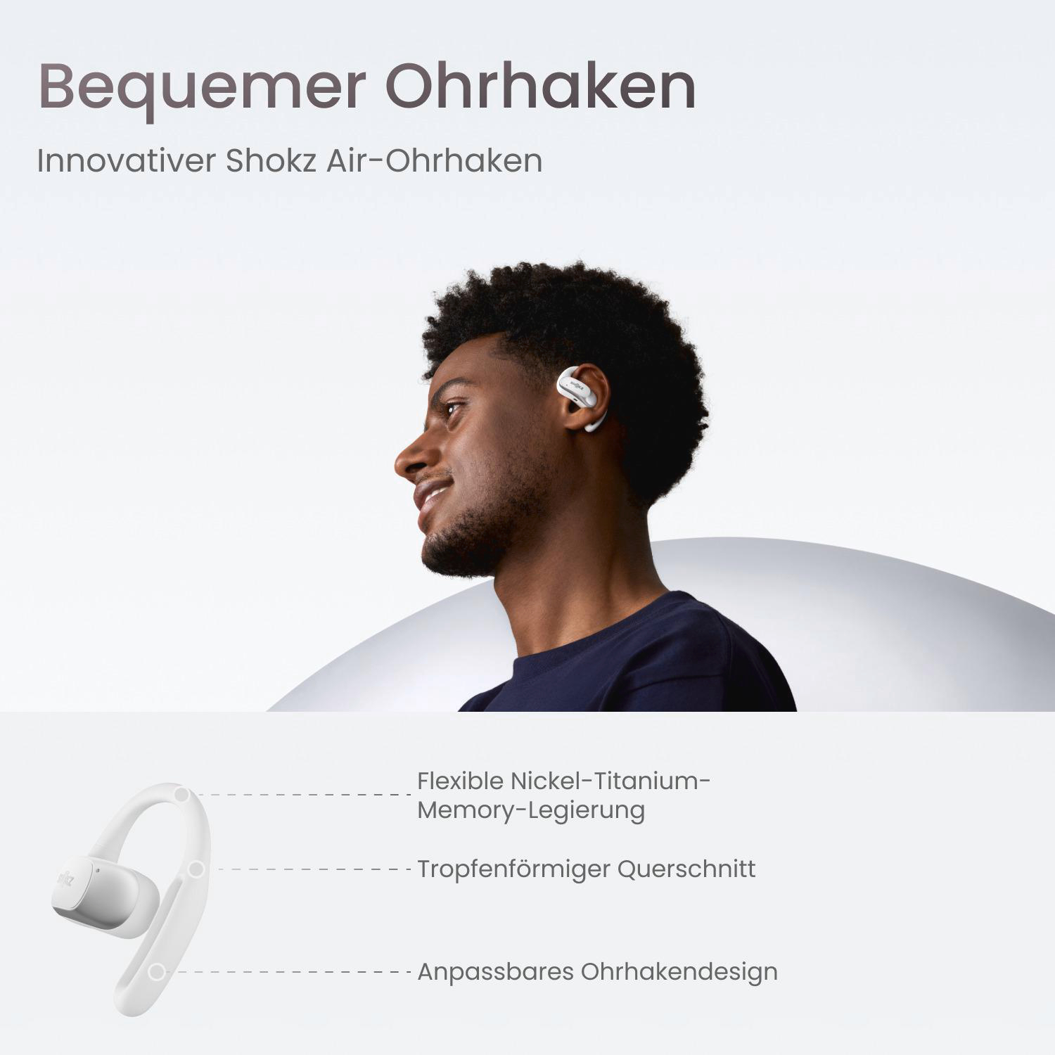 Ein Mann mit weißen Ohrhörern. Der Text lautet „Bequemer Ohrhaken“ und „Innovativer Shokz Air-Ohrhaken“. Es gibt ein Diagramm des Ohrhörers.