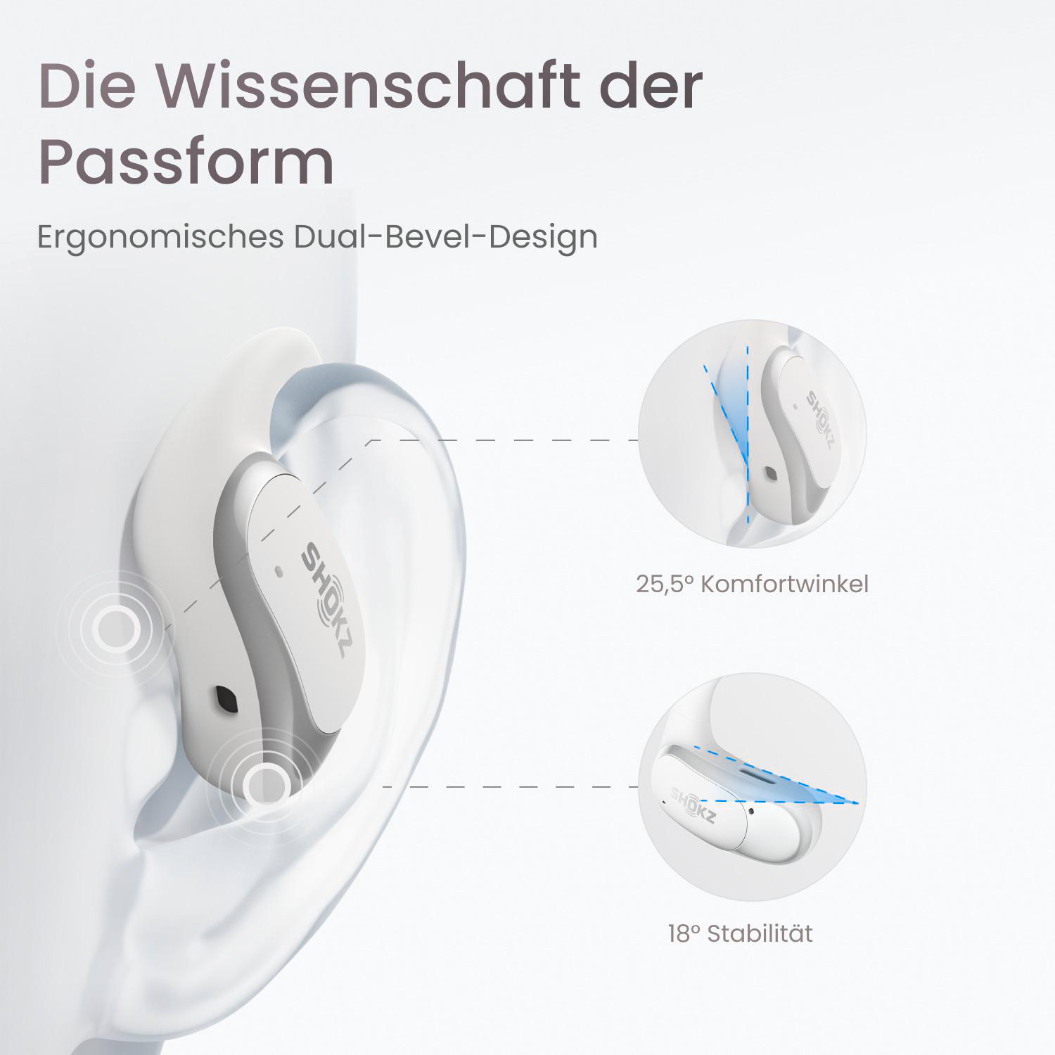 Ein Ohrhörer mit dem Text 'SHOKZ' wird gezeigt. Das Bild zeigt das ergonomische Design, den Komfortwinkel und die Stabilität.