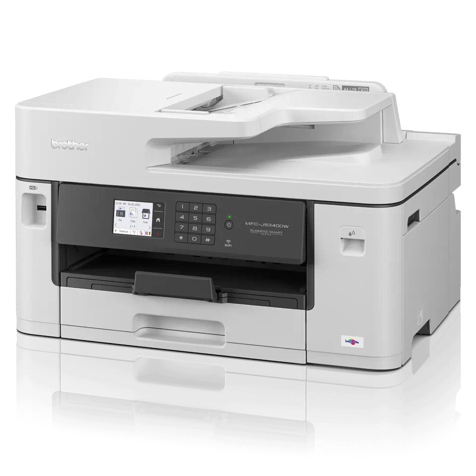 Impresora blanca con panel de control, pantalla negra y bandeja de papel.