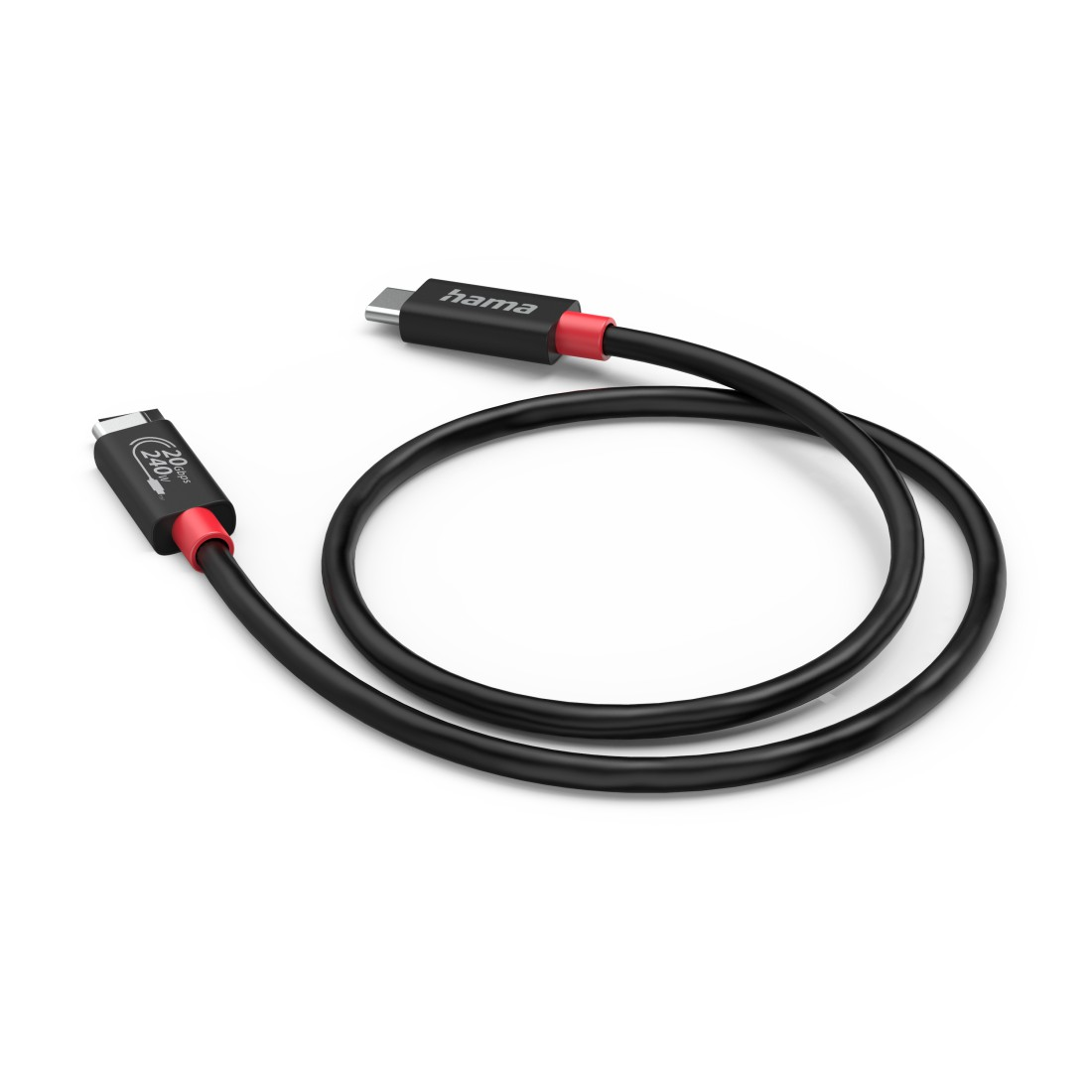 Cable de carga negro con detalles rojos. Conectores USB-C en cada extremo.