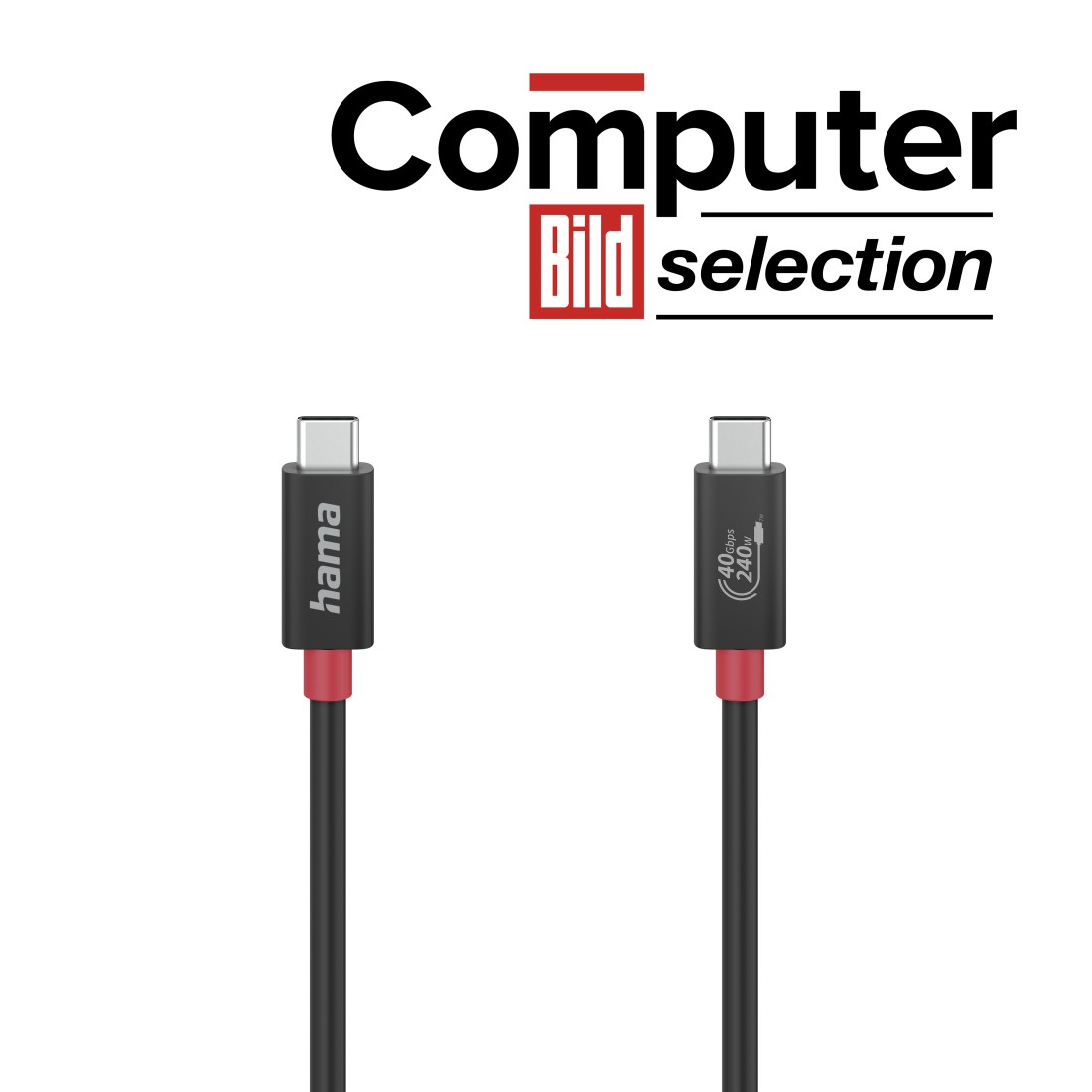 Dos cables USB-C negros con detalles rojos y etiquetas "hama" y "40Gbps 240W".