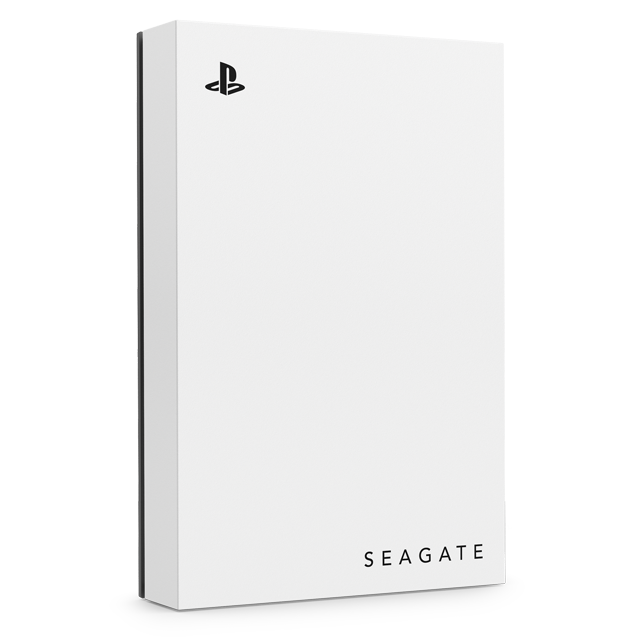 Caja blanca de disco duro externo PlayStation con el logotipo de PlayStation y la marca Seagate sobre un fondo oscuro.