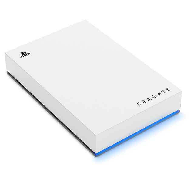 Disco duro externo Seagate blanco con el logotipo de Playstation sobre una superficie azul.