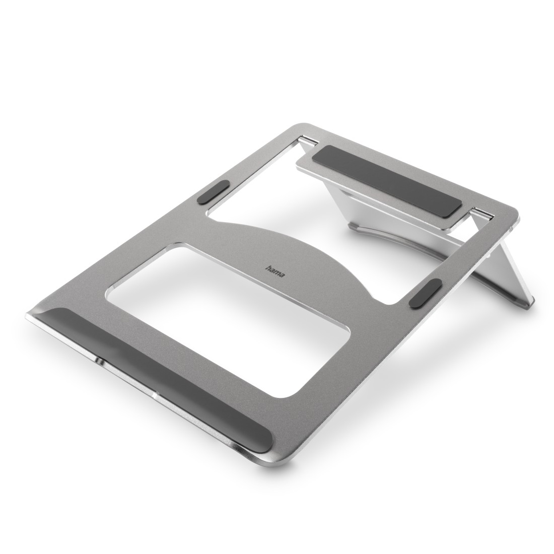 Un soporte plateado para portátil con un diseño recortado, aislado sobre blanco.