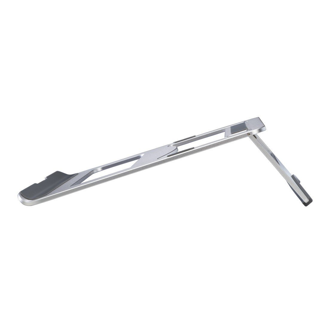 Un soporte plateado para portátil en posición angular, con una almohadilla gris y un borde negro.