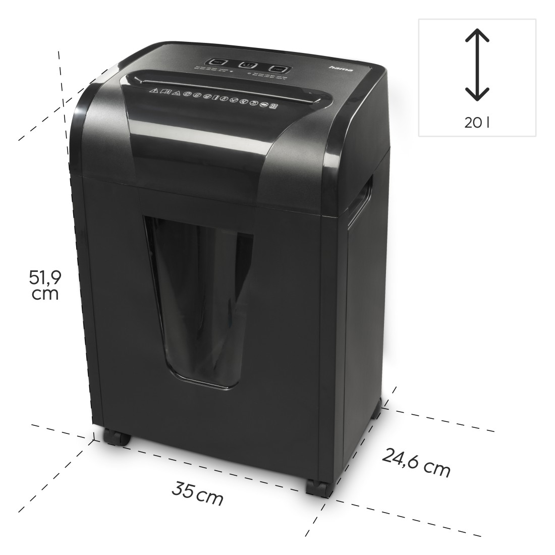 Una destructora de papel negra con dimensiones marcadas, sobre ruedas.