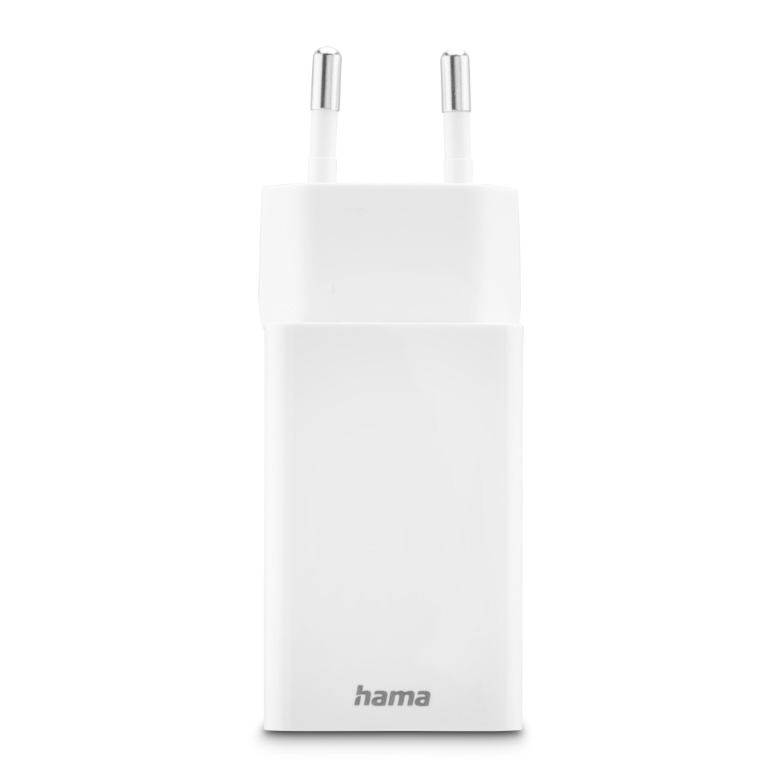 Cargador Hama blanco con dos clavijas metálicas, sobre un fondo blanco.