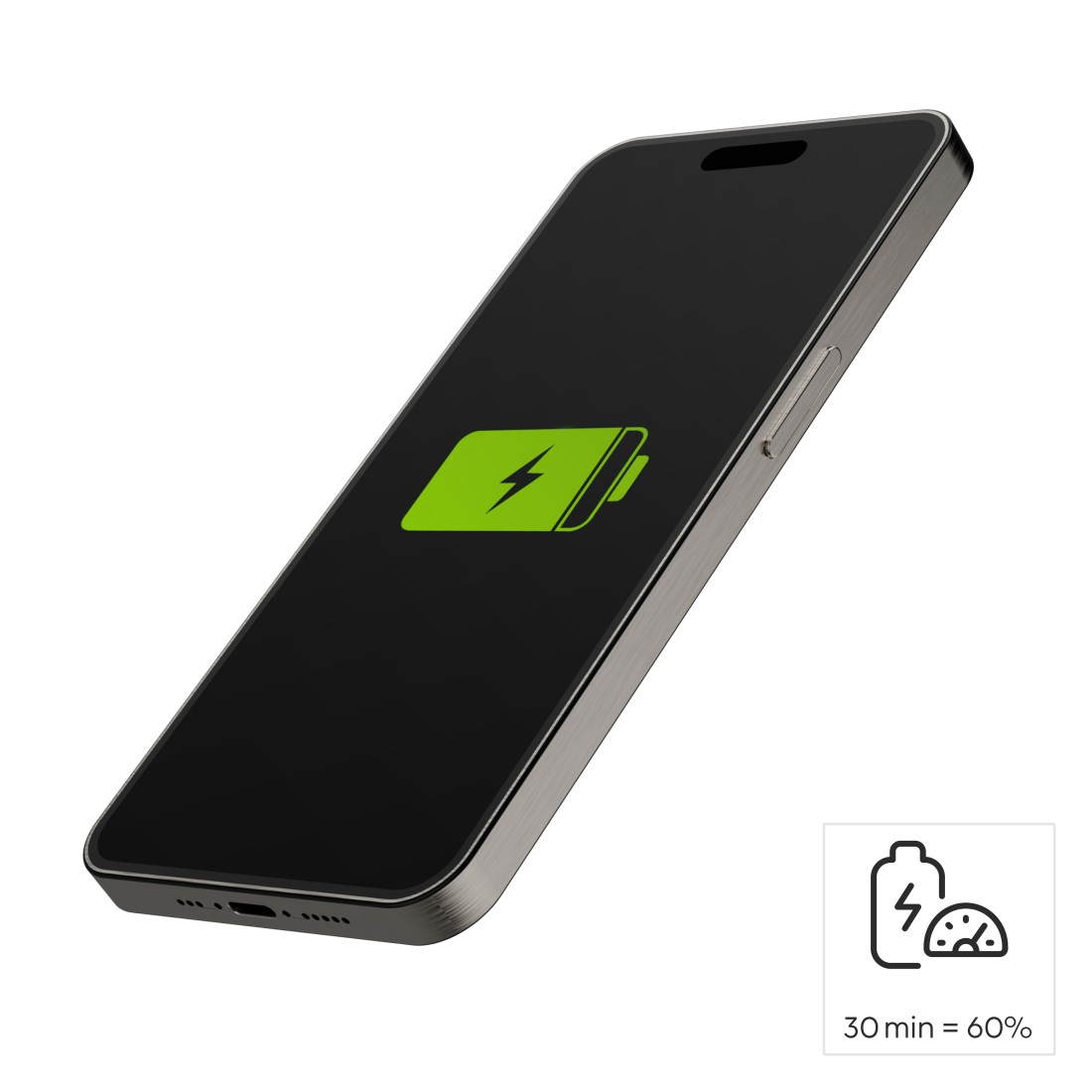 Un teléfono inteligente negro cargando. El icono de la batería muestra un 60% de carga en 30 minutos.