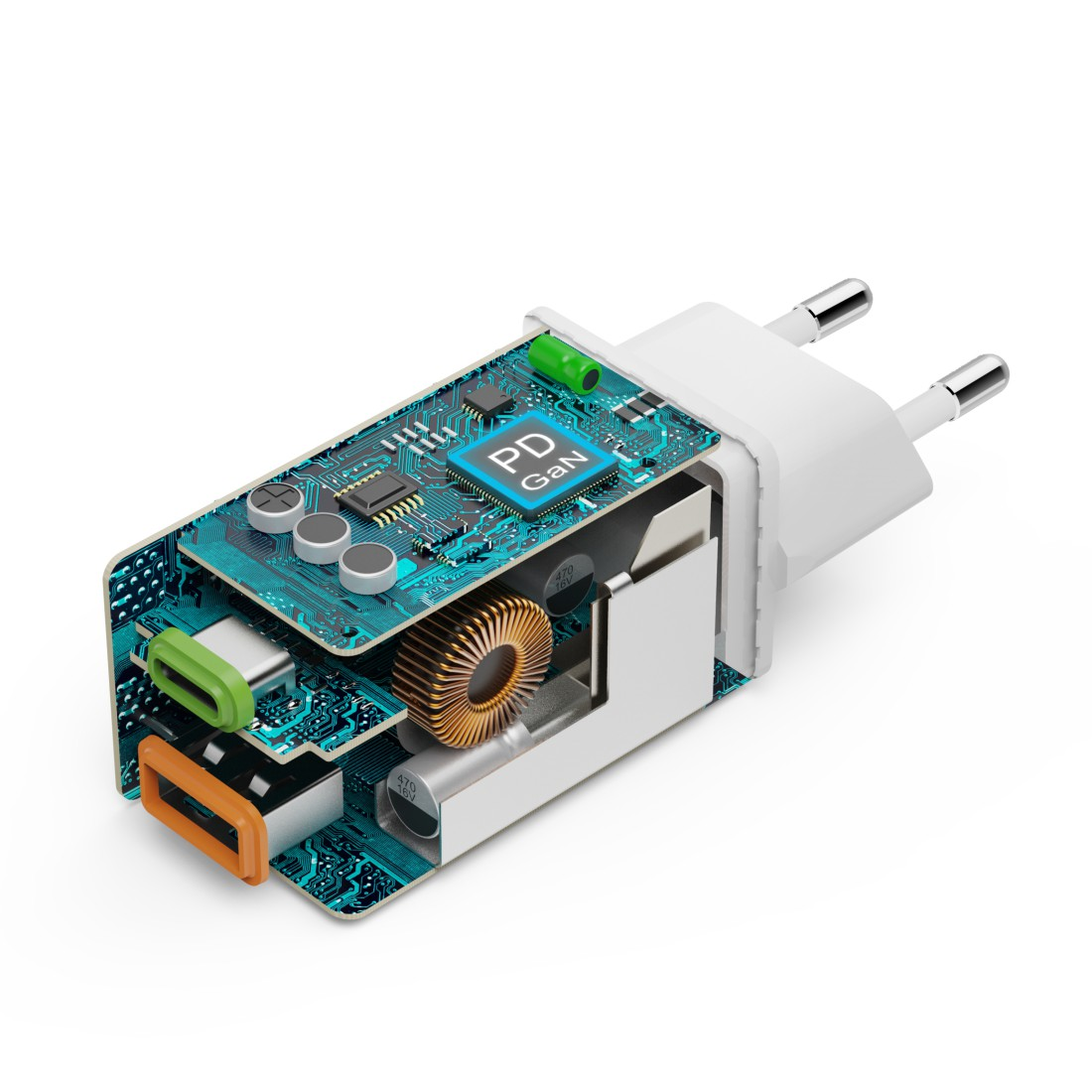 Corte transversal de un cargador blanco. Muestra componentes internos y puertos USB.