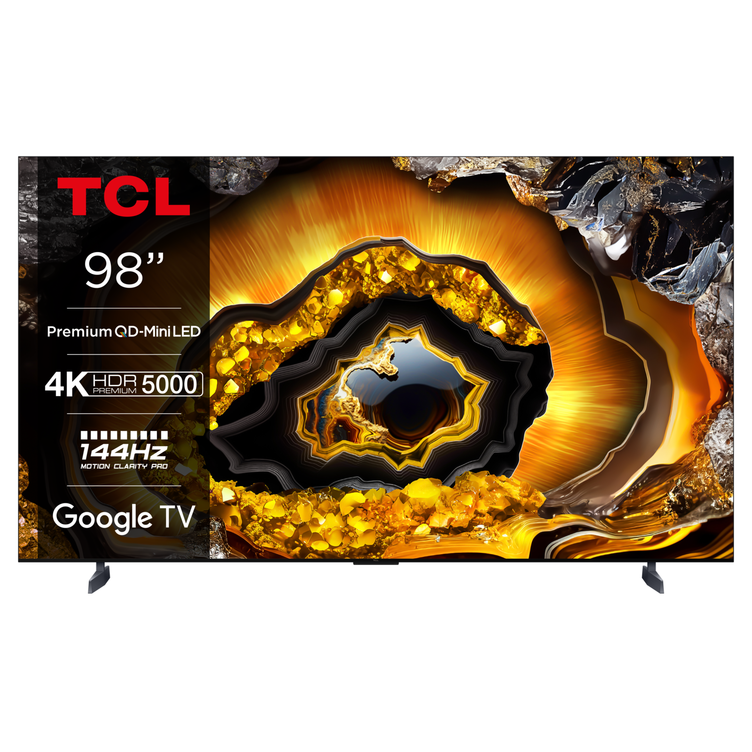 TCL 98" TV. Goud-zwart patroon display. 4K HDR, Google TV logo. Zwart frame.