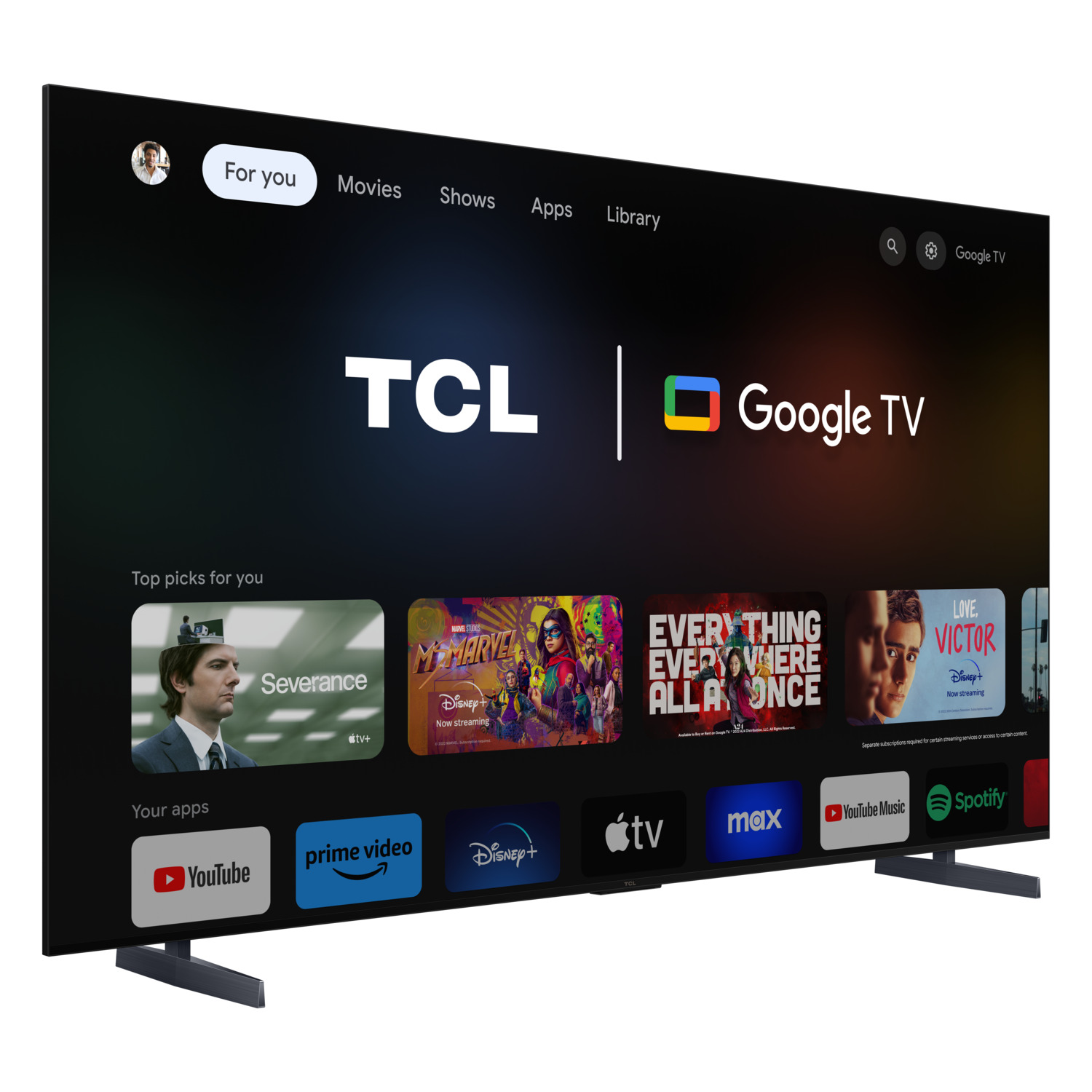 Tv-scherm met Google TV-interface. Toont verschillende apps en streamingdienstlogo's.