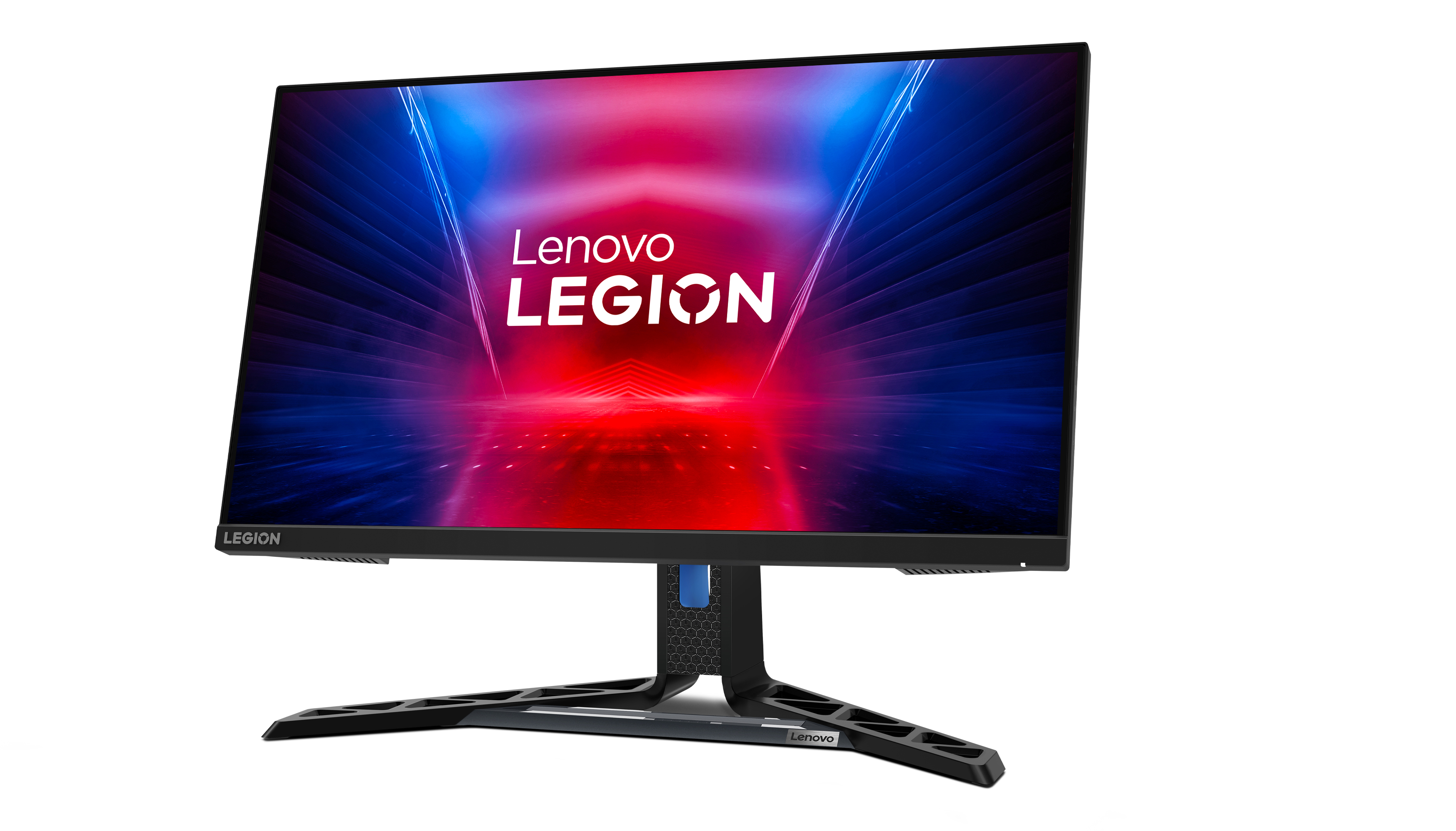 Monitor do gier Lenovo Legion z czerwonym i niebieskim tłem na białym tle.