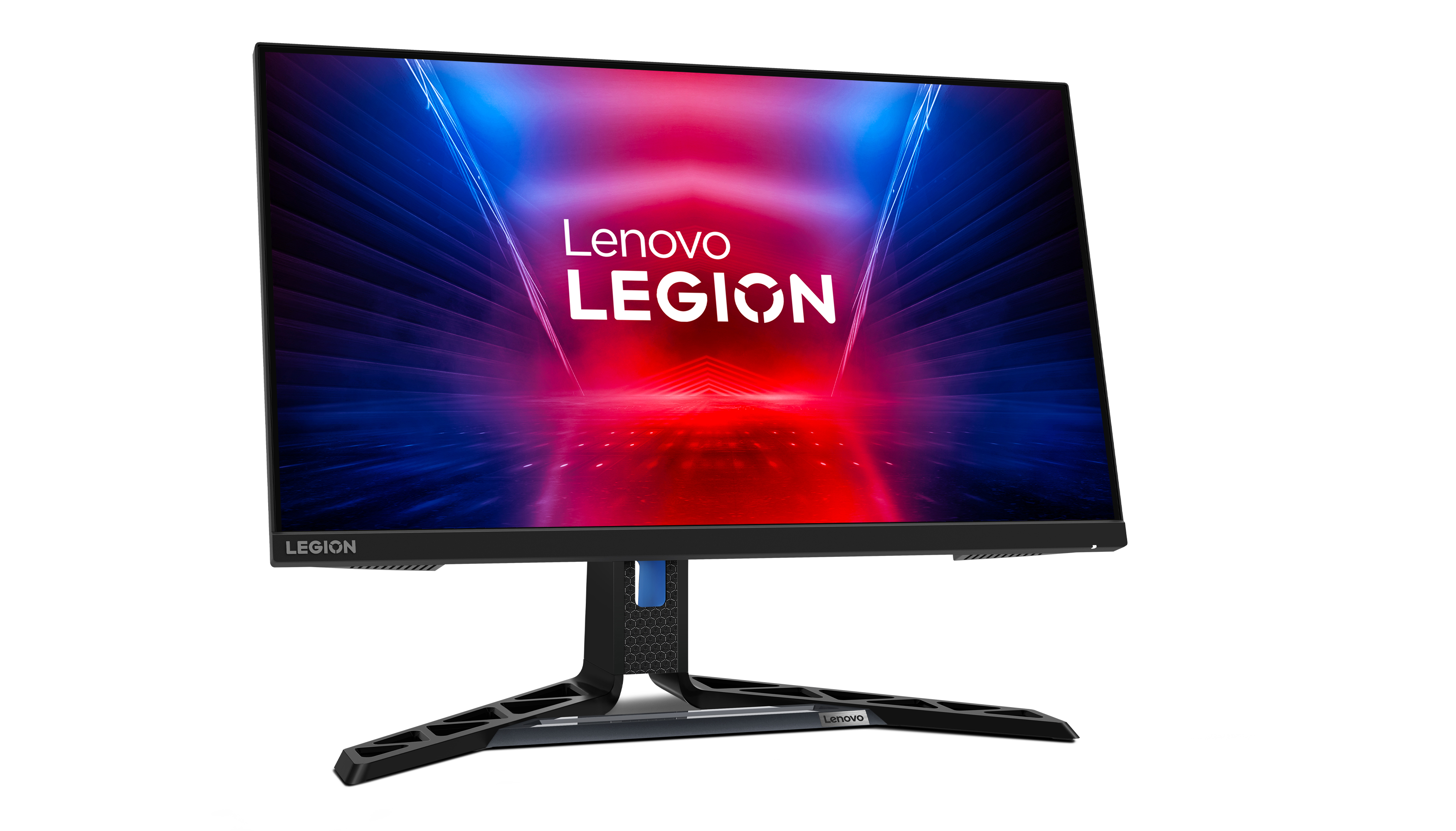 Monitor do gier Lenovo Legion na białym tle. Ma czarną podstawę i kolorowy wyświetlacz.
