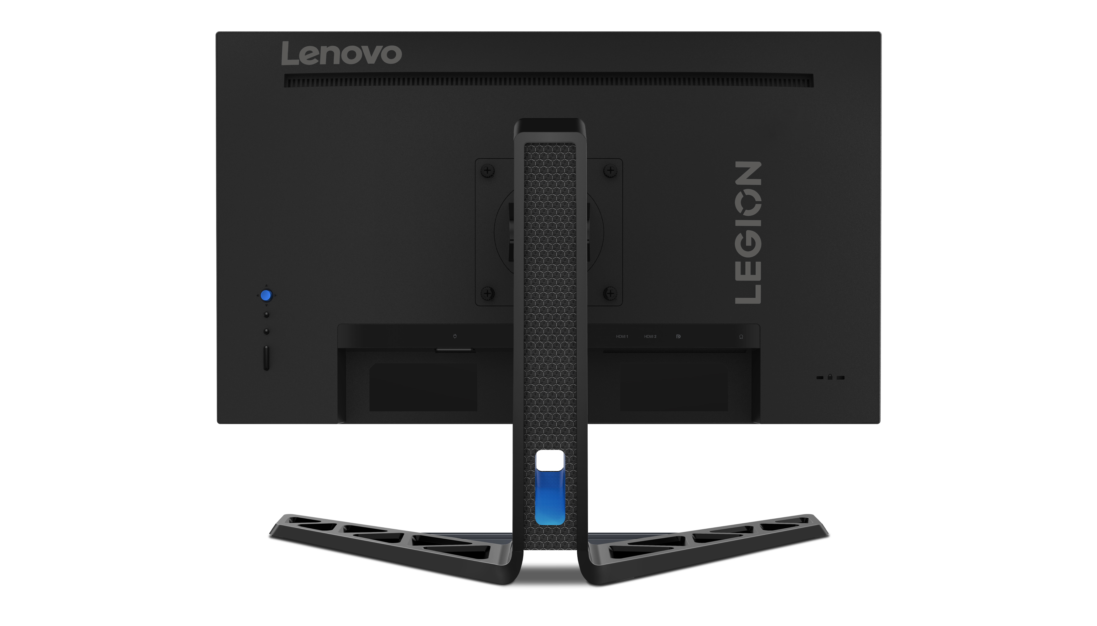 Tył czarnego monitora Lenovo Legion z portami i podstawką, białe tło.