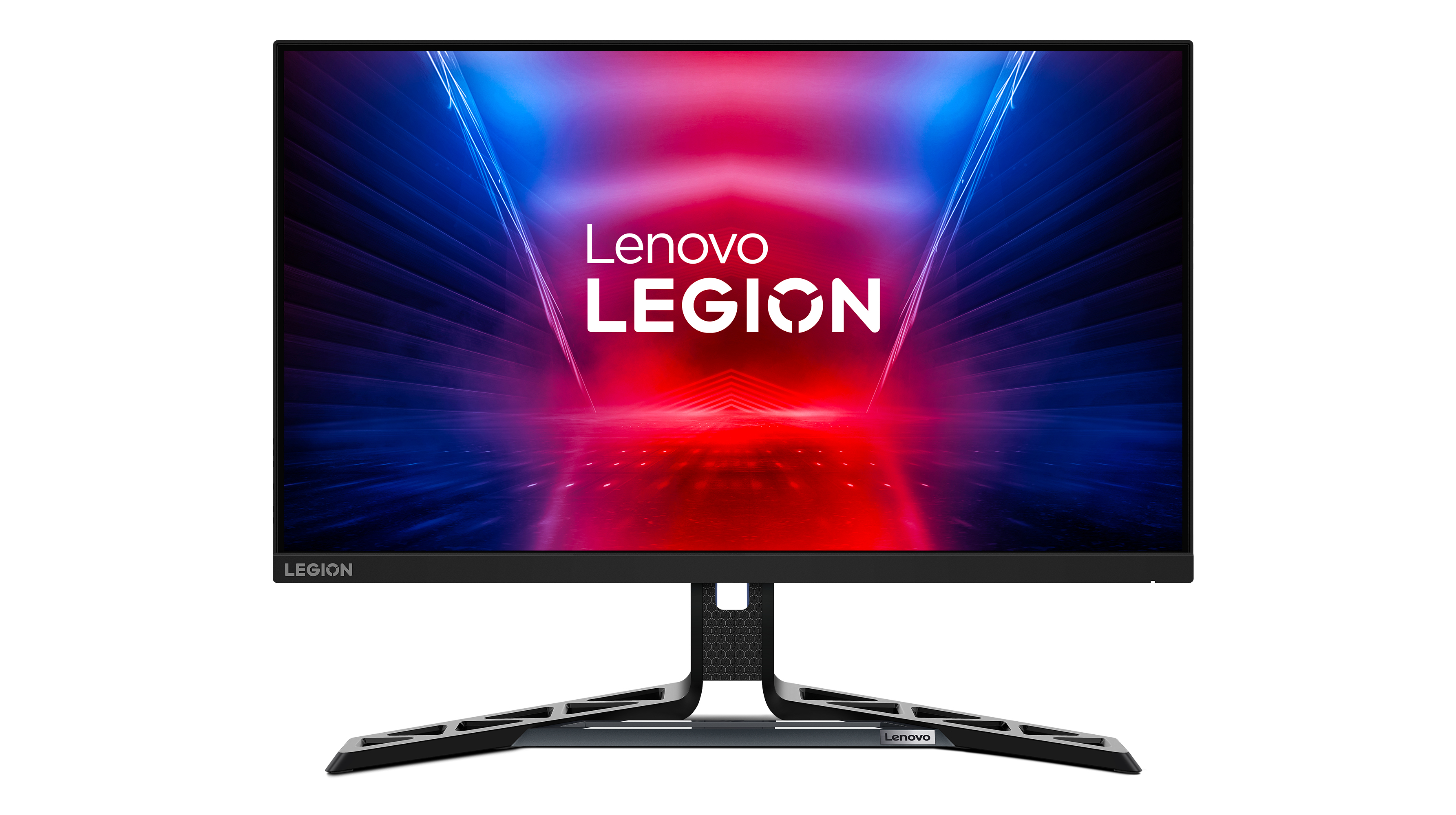 Monitor Lenovo Legion. Czarny stojak i ramka. Czerwone i niebieskie tło.