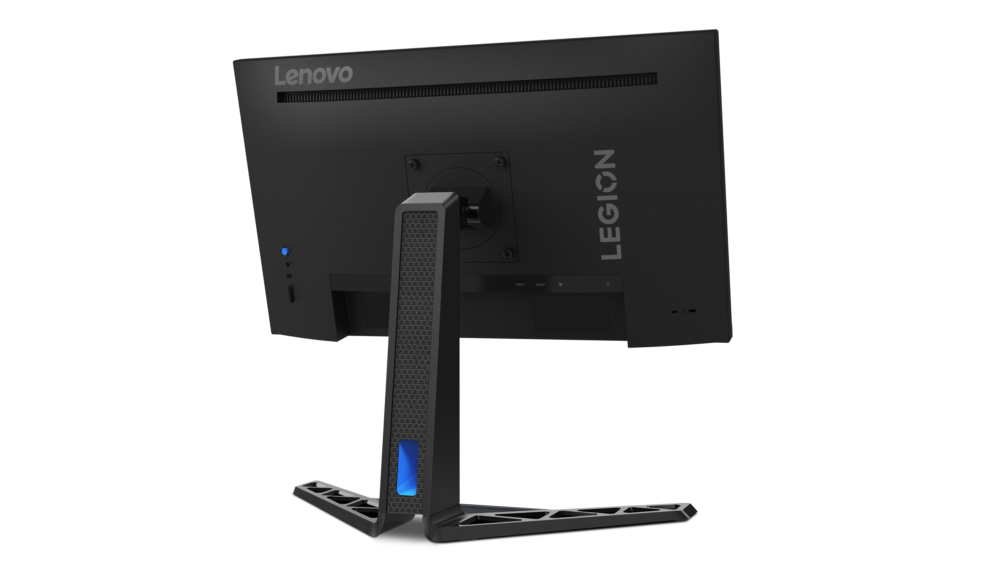 Tył czarnego monitora Lenovo Legion z podstawą i marką Legion, białe tło.
