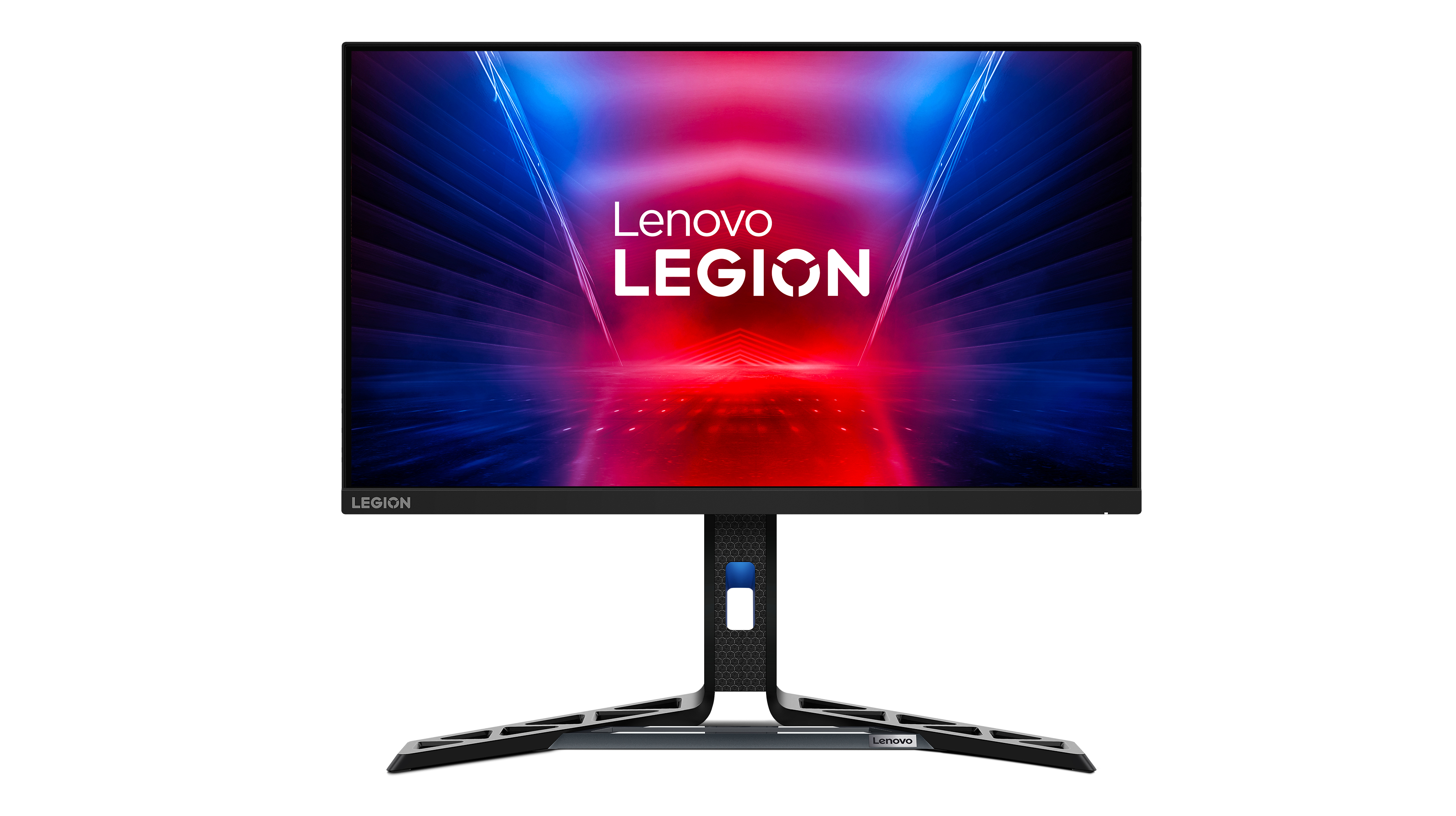 Czarny monitor Lenovo Legion ze stojakiem, wyświetlający logo Legion.