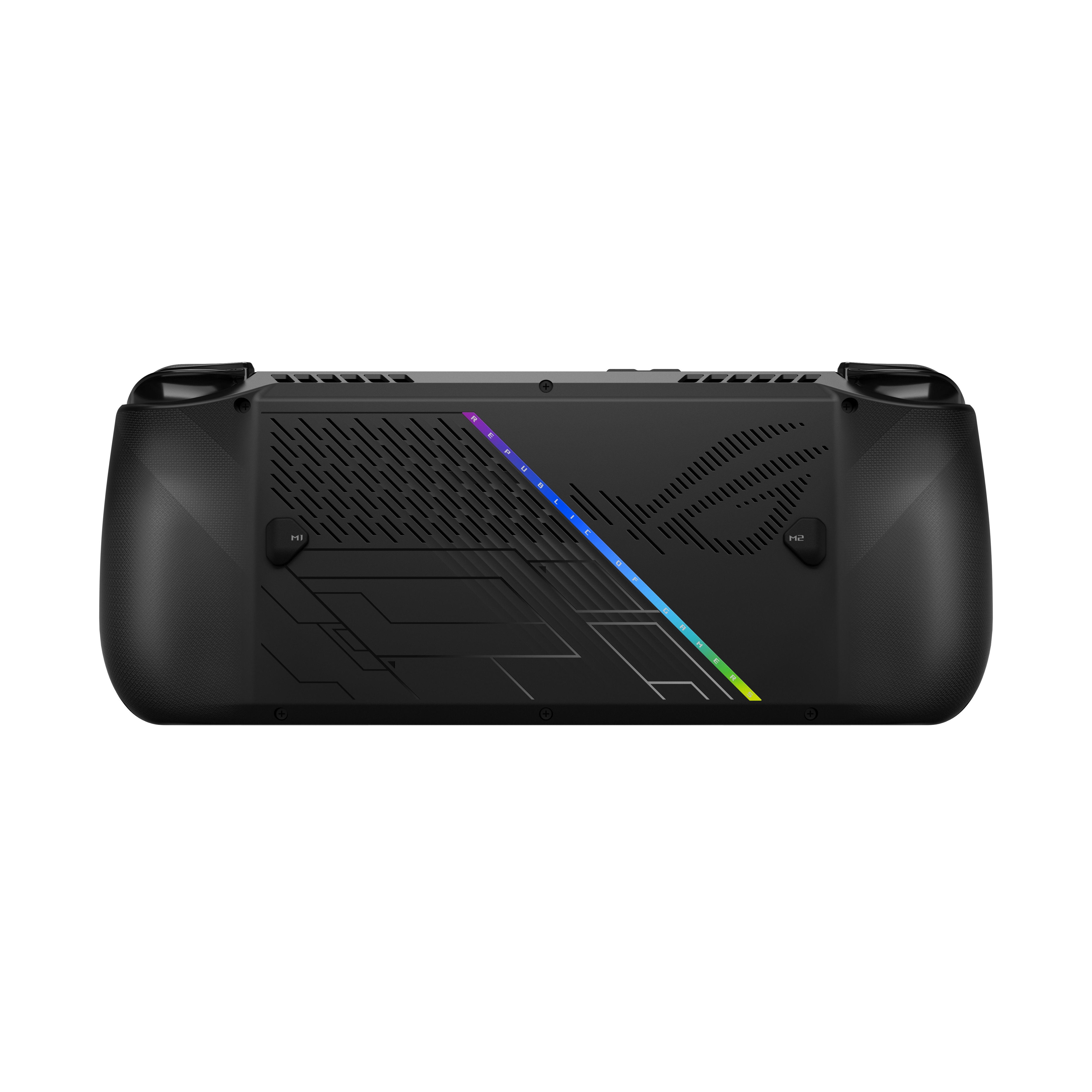 Schwarzes Handheld-Gaming-Gerät mit farbigen Akzenten auf der Rückseite, isoliert auf Weiß.