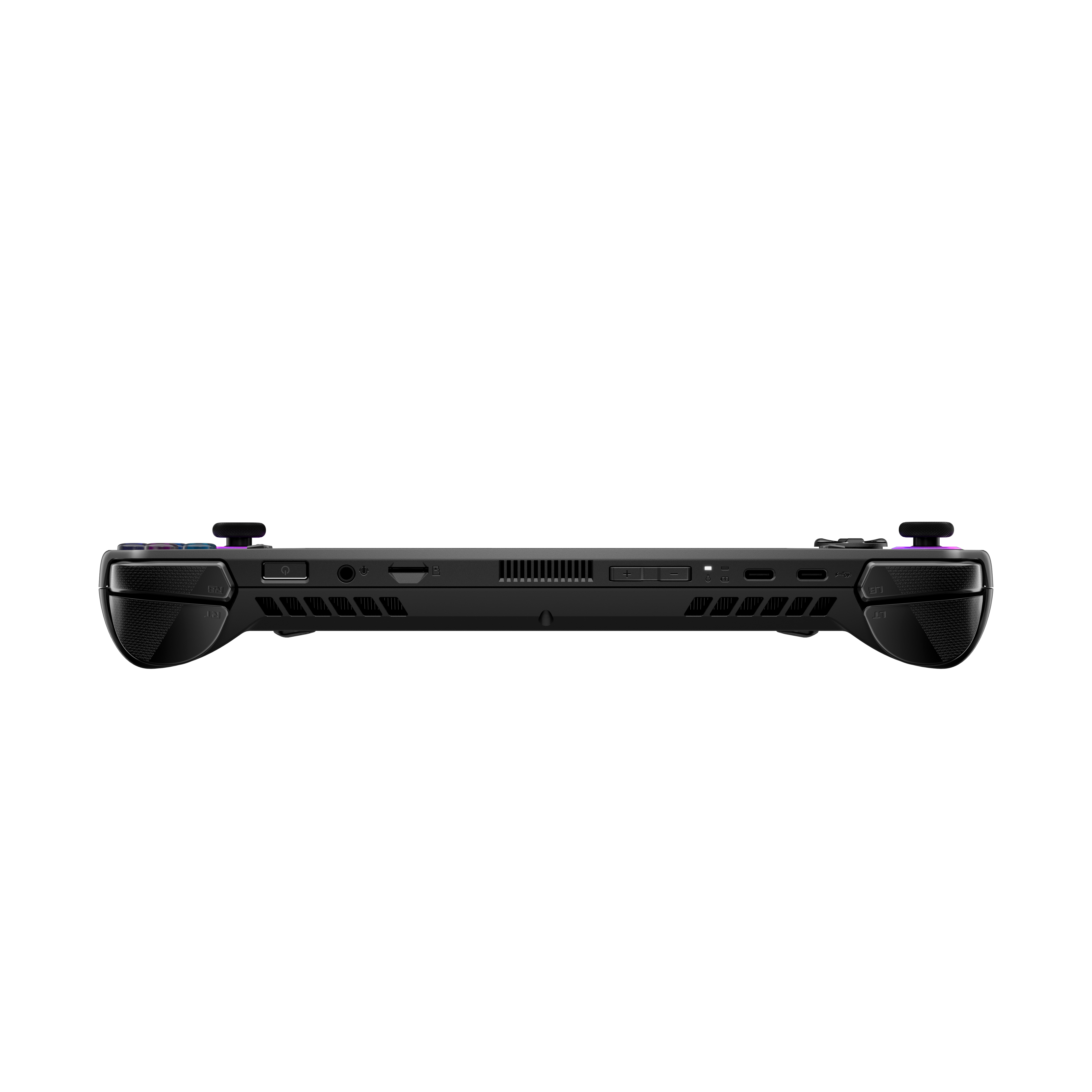 Seitenansicht eines schwarzen Handheld-Gaming-Geräts mit sichtbaren Bedienelementen und Anschlüssen.