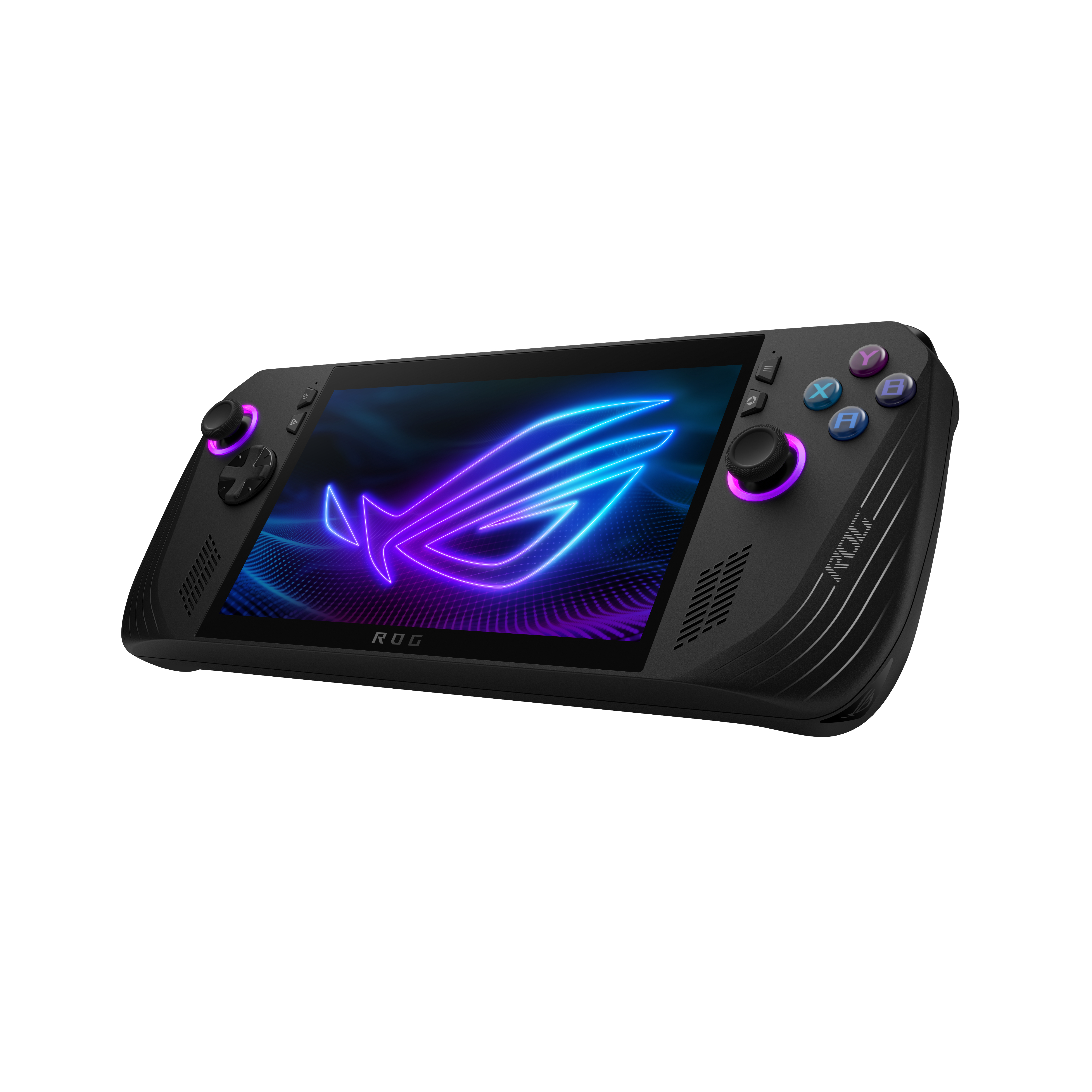 Schwarzes ROG-Handheld-Gaming-Gerät mit Bildschirm, der ein Logo anzeigt. Weißer Hintergrund.