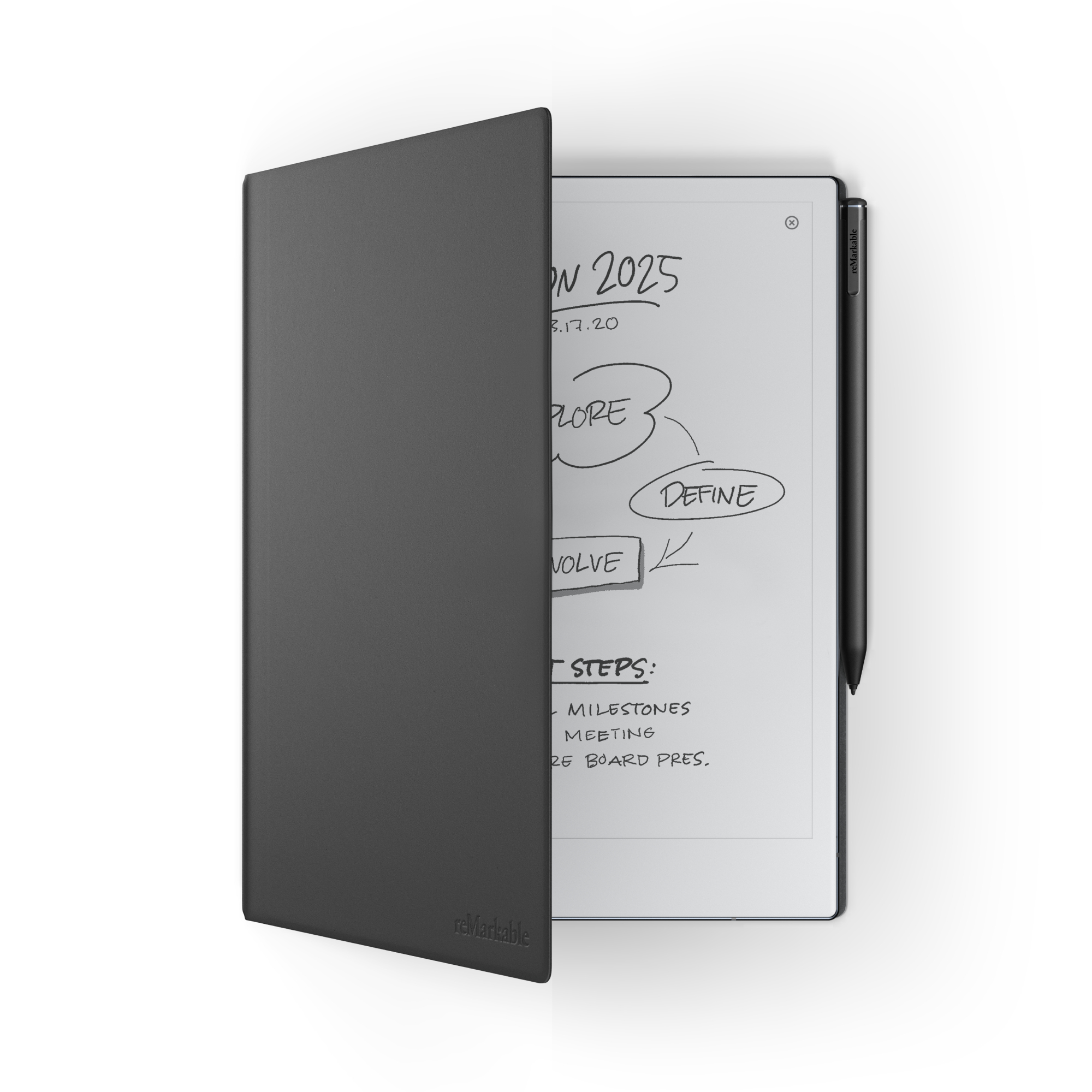 Ein schwarzes Tablet mit Stift und Hülle, geöffnet, um eine handschriftliche Zeichnung und Notizen zu zeigen.