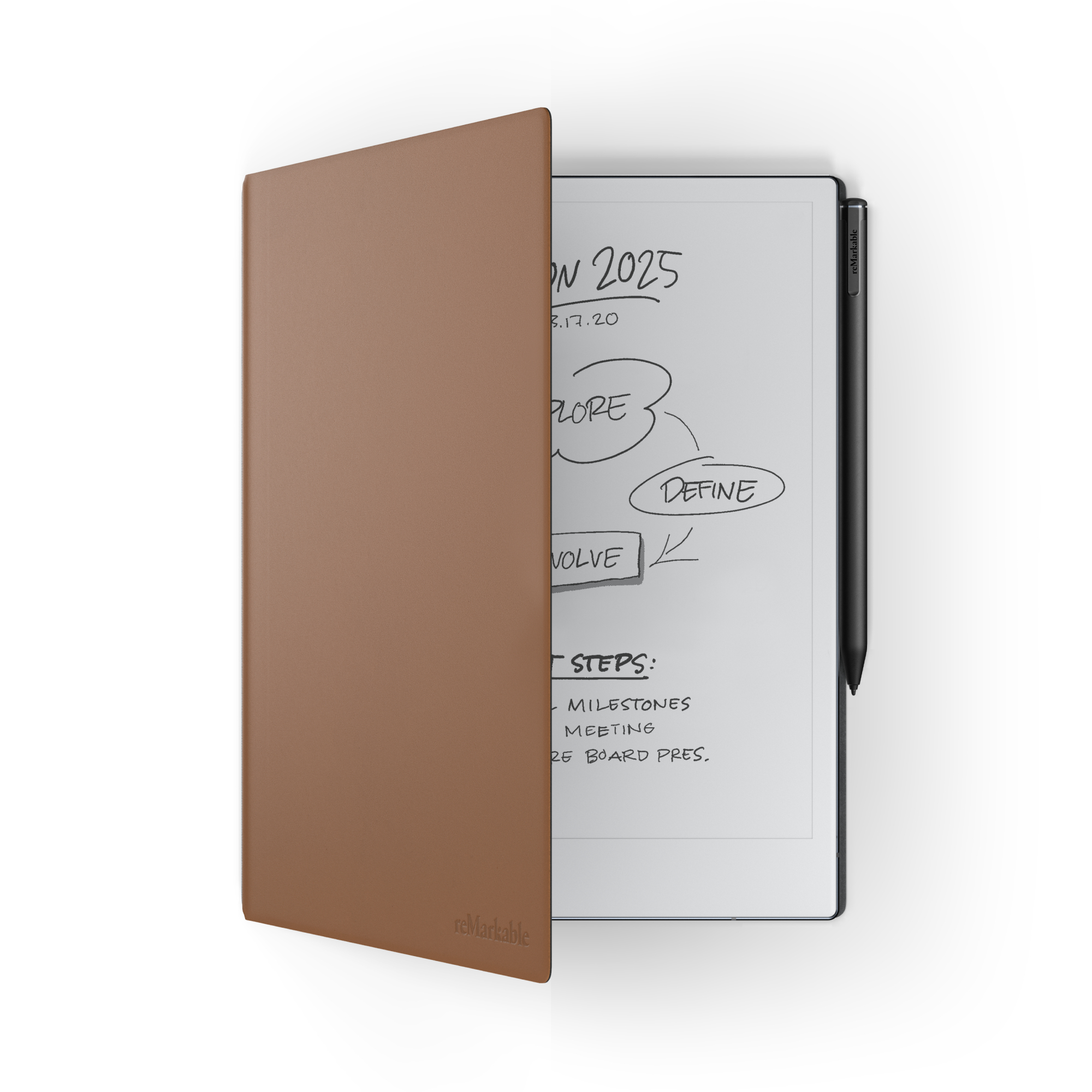 Brauner E-Reader, geöffnet auf einer Seite mit handschriftlichen Notizen und einem schwarzen Stift rechts.