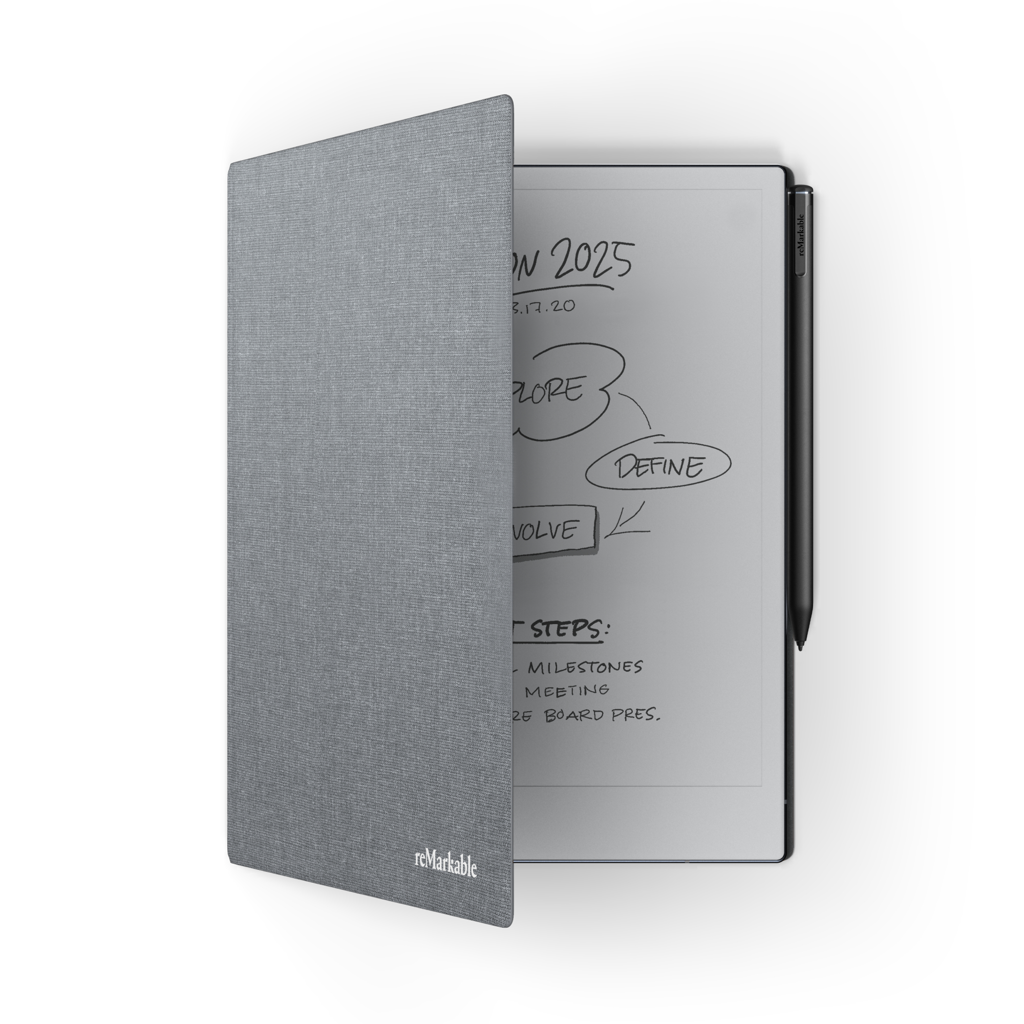 Ein grauer E-Reader mit offenem Cover, der Notizen und einen Stift zeigt. Er liegt auf einer weißen Oberfläche.