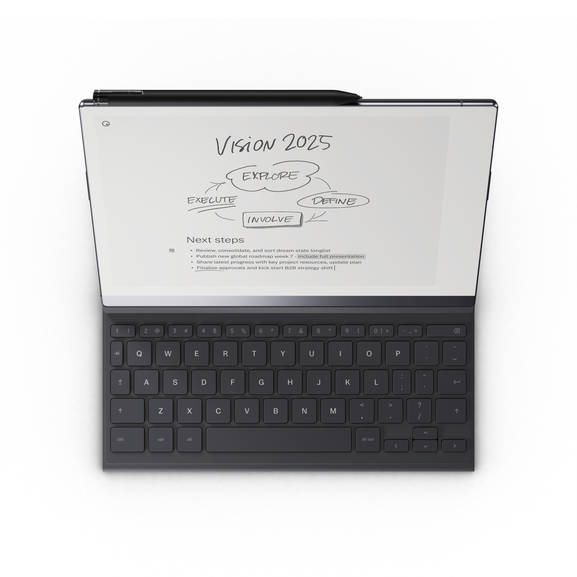 Ein geöffnetes Tablet mit Tastatur, das ein Diagramm mit den Worten: Explore, Execute, Involve, Define zeigt.