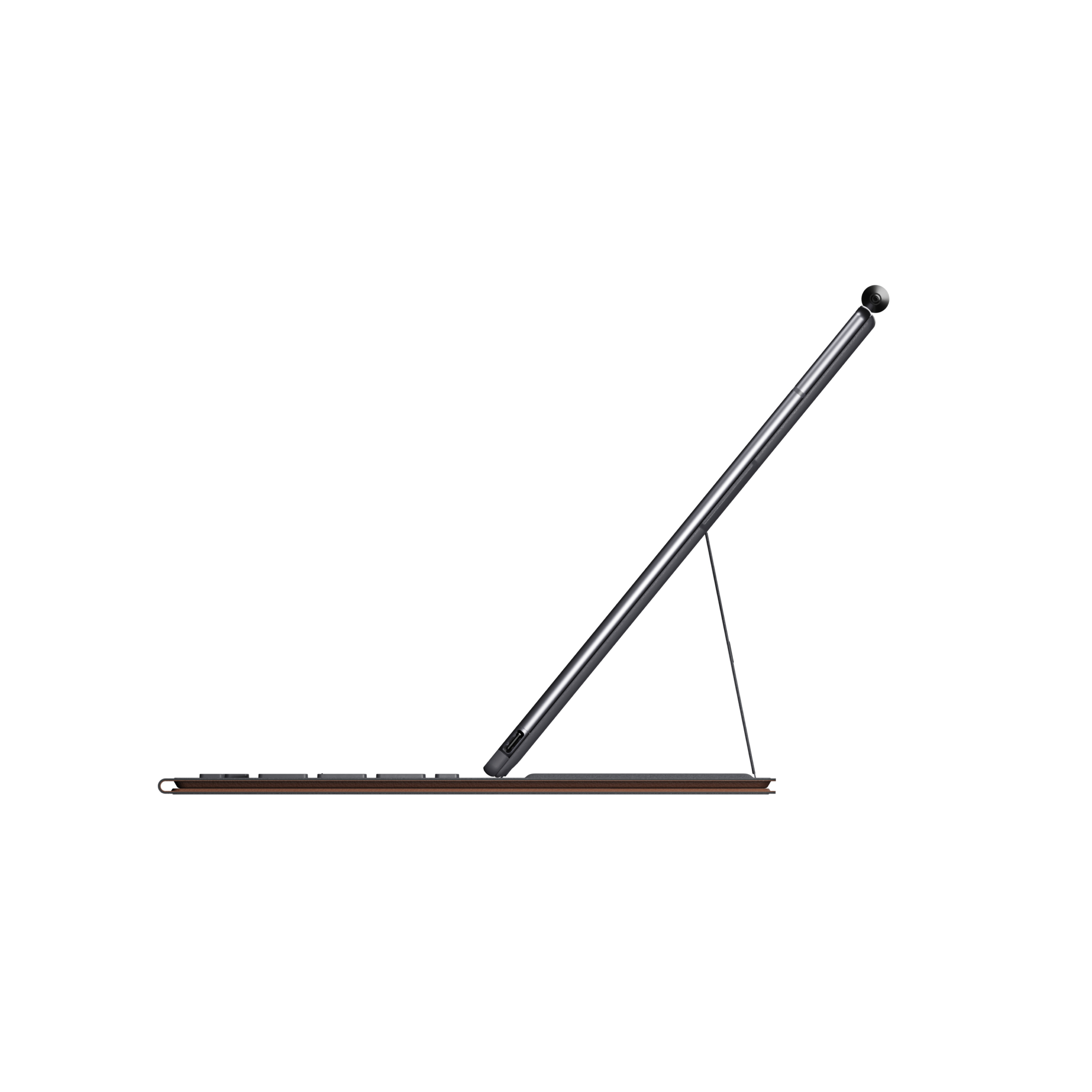 Ein Tablet mit Tastatur und Stift. Das Tablet liegt auf der Seite und der Stift steht aufrecht.