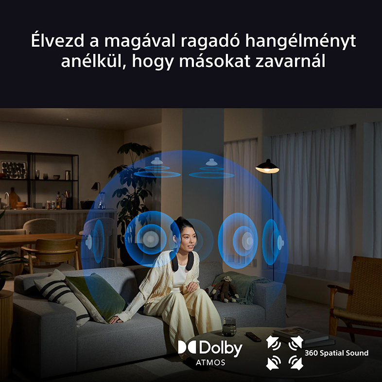 Egy nő tévét néz, kék hanghullám grafikák és a Dolby Atmos logóval.