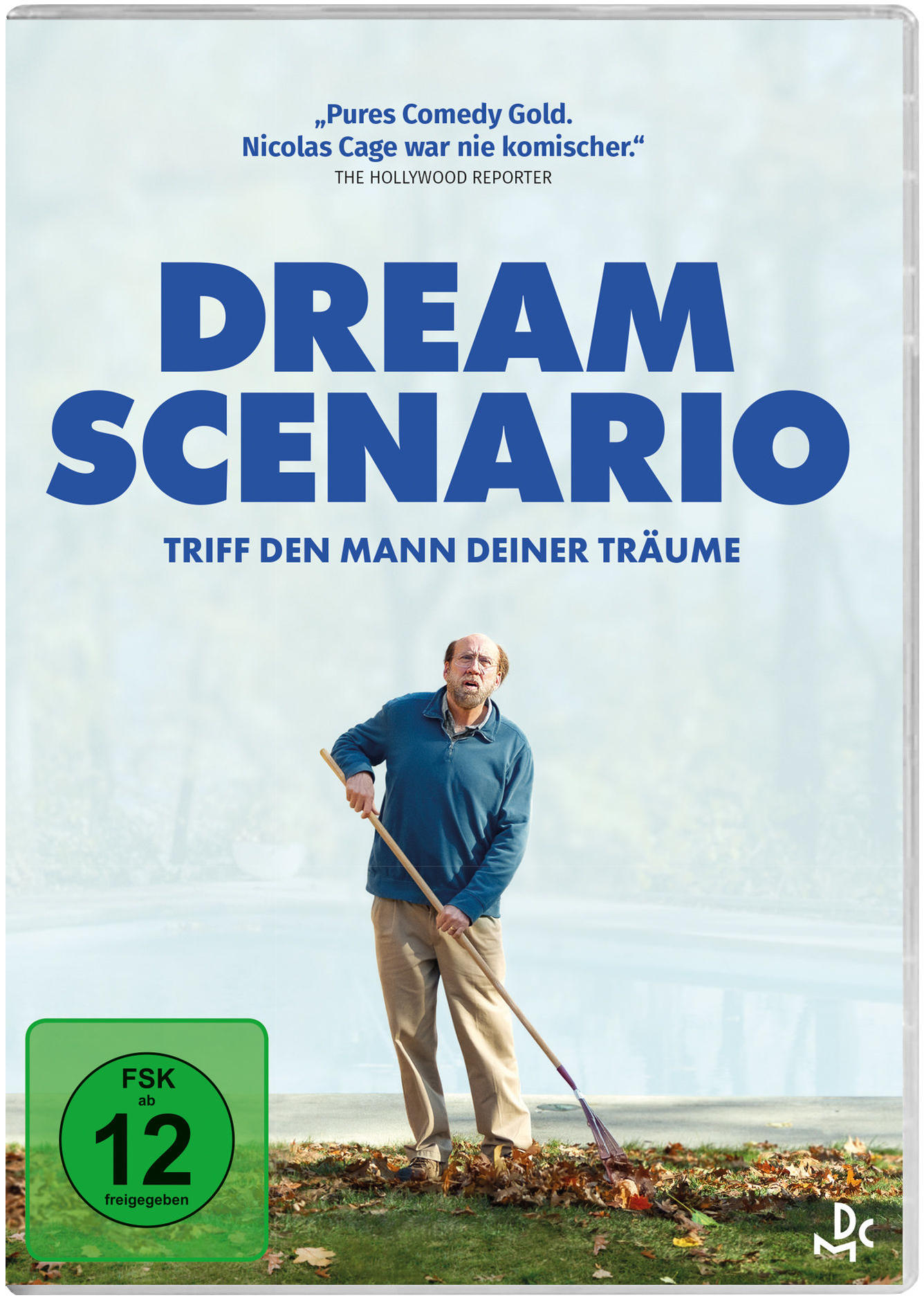 Filmcover: Titel 'Dream Scenario'. Ein Mann, der Blätter rechen, steht im Hintergrund, Filmposter.