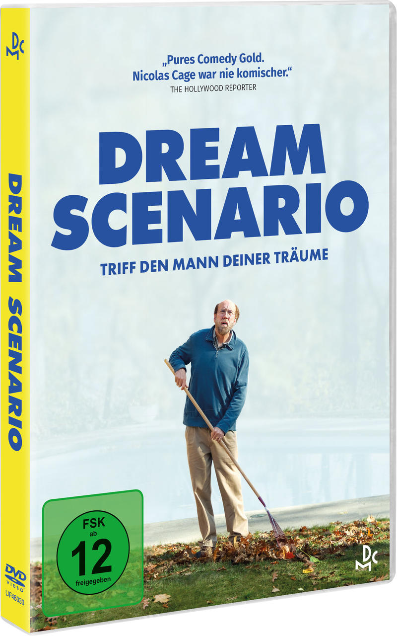 DVD-Hülle des Films Dream Scenario mit einem Mann mit einer Harke in einer Grünfläche.