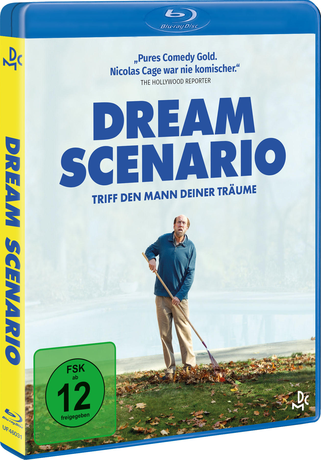 Dream Scenario Blu-ray-Cover. Ein Mann harkt Laub. Der Filmtitel steht in großen, fetten Buchstaben.