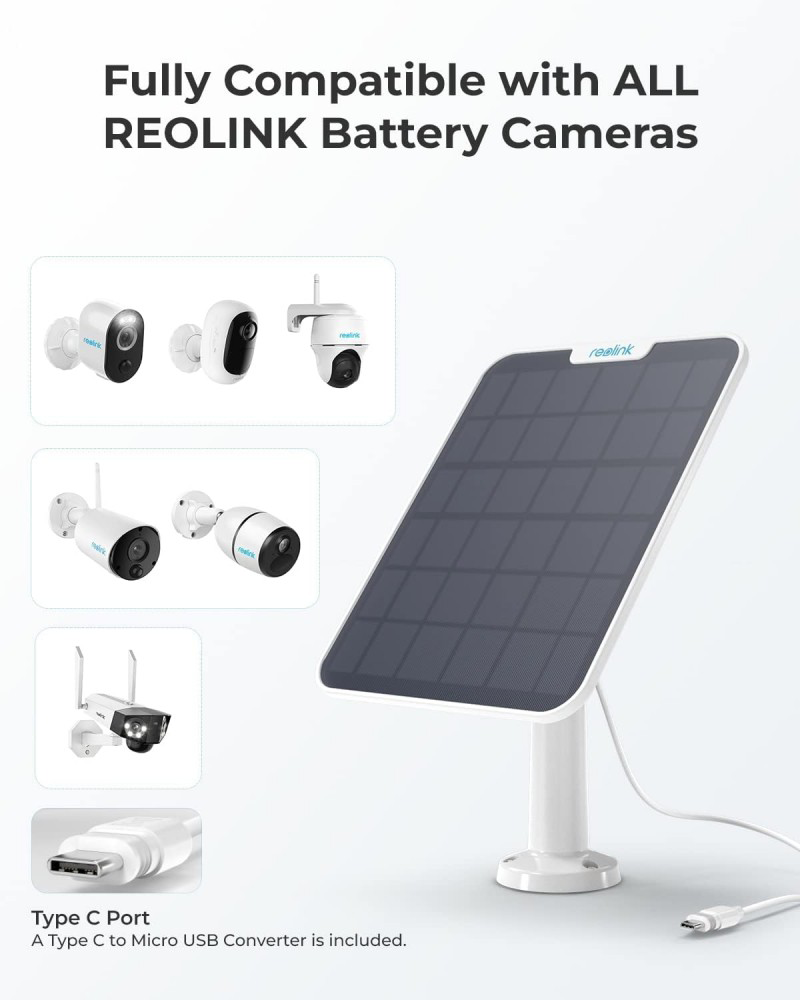 Reolink napelem, kamerák és egy USB-C port átalakítóval.