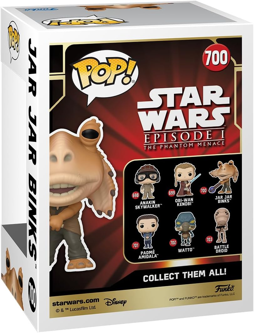 Caja de Funko Pop de Jar Jar Binks, mostrando la figura y otros personajes de Star Wars.