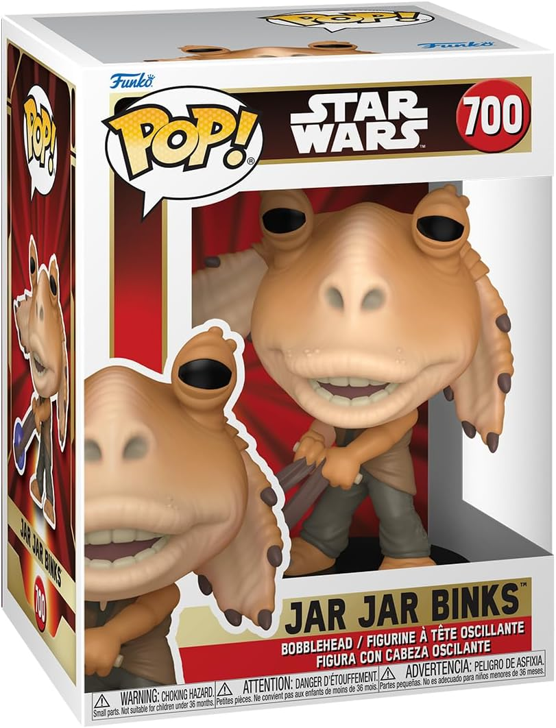 Figura Funko Pop! de Jar Jar Binks en una caja. La figura es beige con camisa marrón y pantalones verdes.