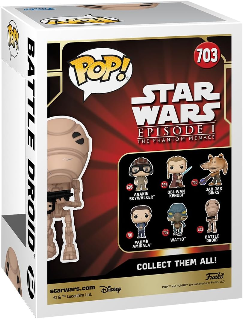 Caja Funko Pop de Star Wars Battle Droid. Incluye figuras de Anakin, Obi-Wan, Jar Jar Binks, Padme y Watto.