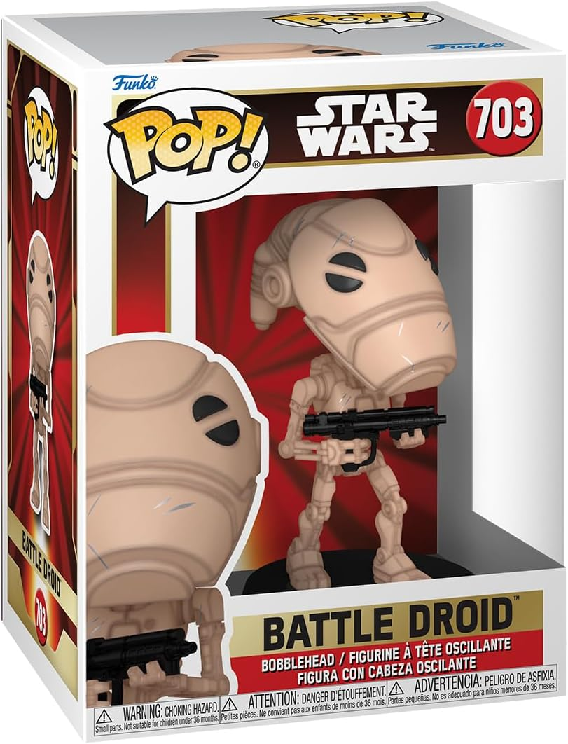 Figura Funko Pop Star Wars en una caja. Primer plano: figura. Fondo: caja.