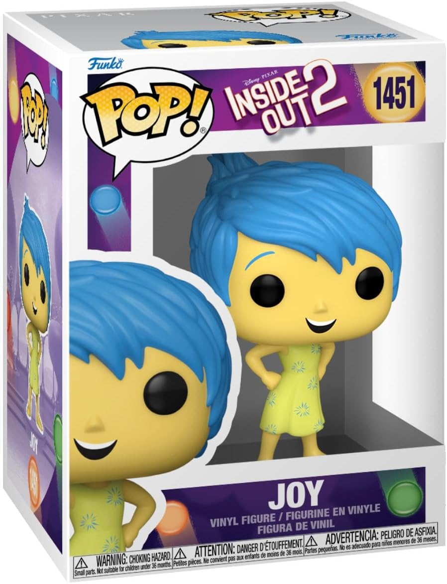 Una figura Funko Pop de Joy de la película Del revés 2. Tiene el pelo azul y un vestido amarillo.