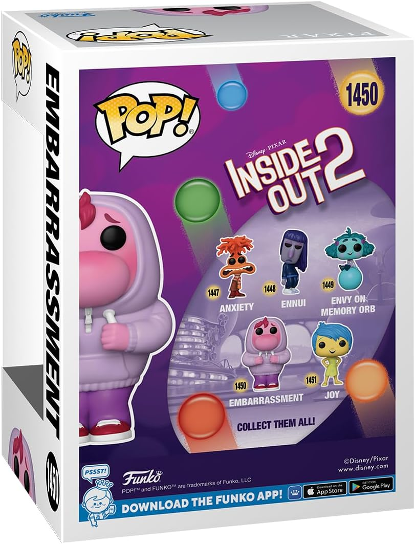 Una caja Funko Pop con personajes de Inside Out 2. Embaressment está al frente. La caja es blanca.