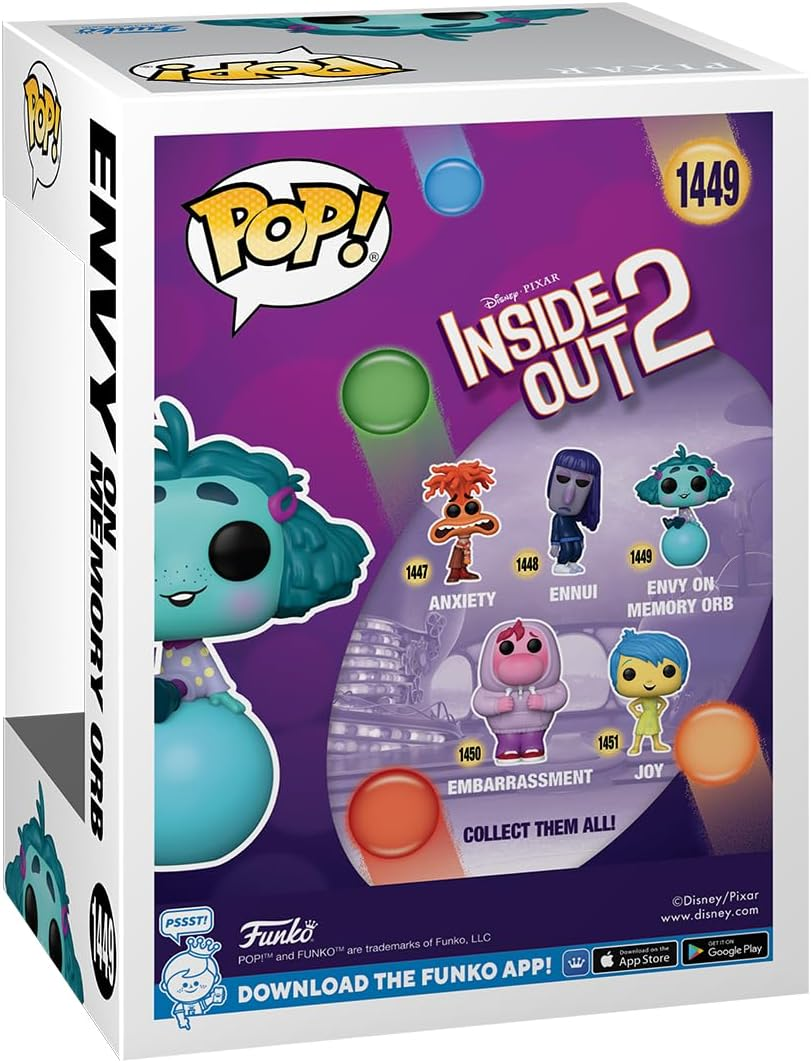 Caja Funko Pop de Inside Out 2, con Envy y otras figuras de personajes.