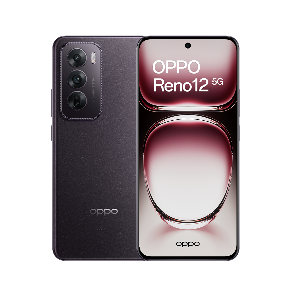 Teléfono OPPO Reno12 5G, mostrando la parte trasera con cámaras y la frontal con pantalla.