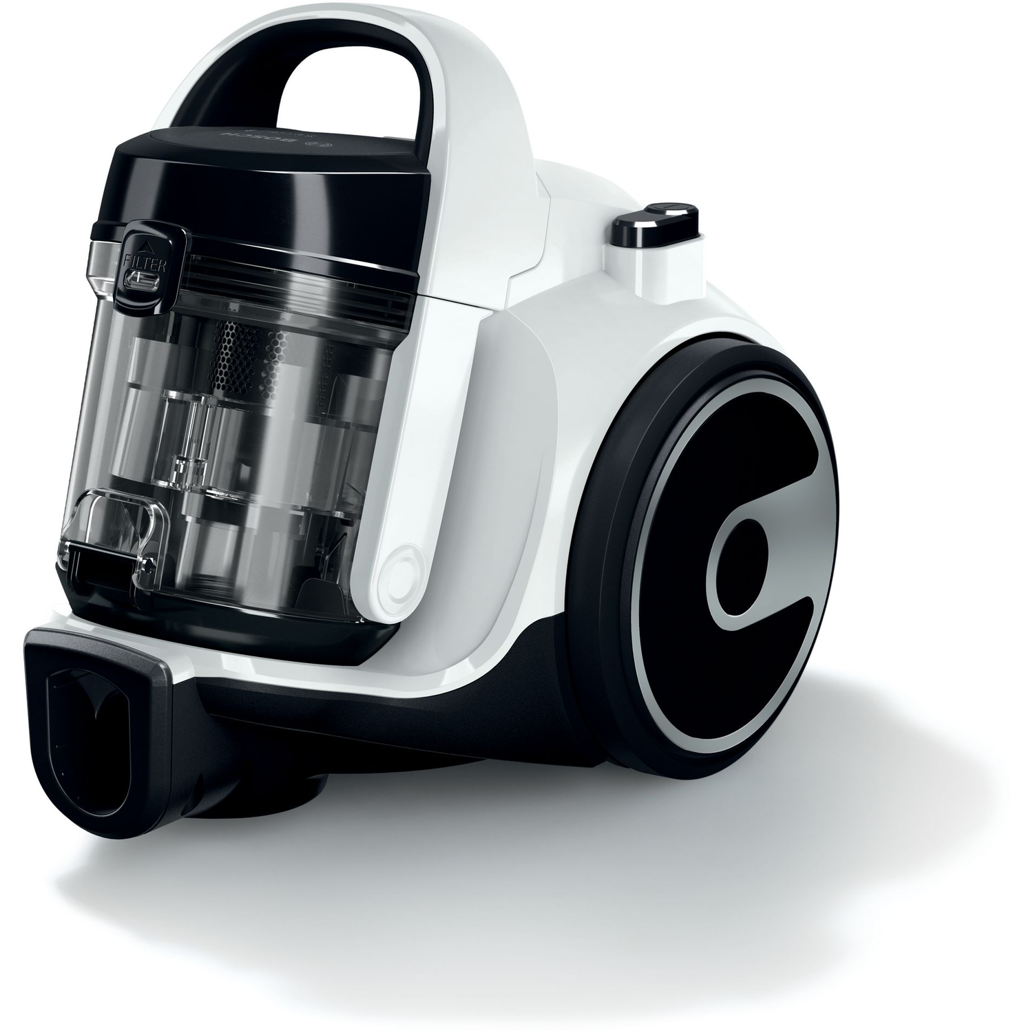 A white and black vacuum cleaner, angled to show the dust container and the wheels.